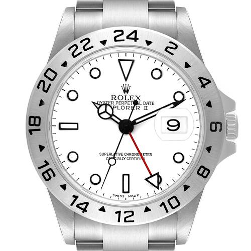 The image shows a frontal view of the Rolex Explorer 16570 Men's Stainless Steel White Dial II watch, highlighting the dial, bezel, and bracelet.
