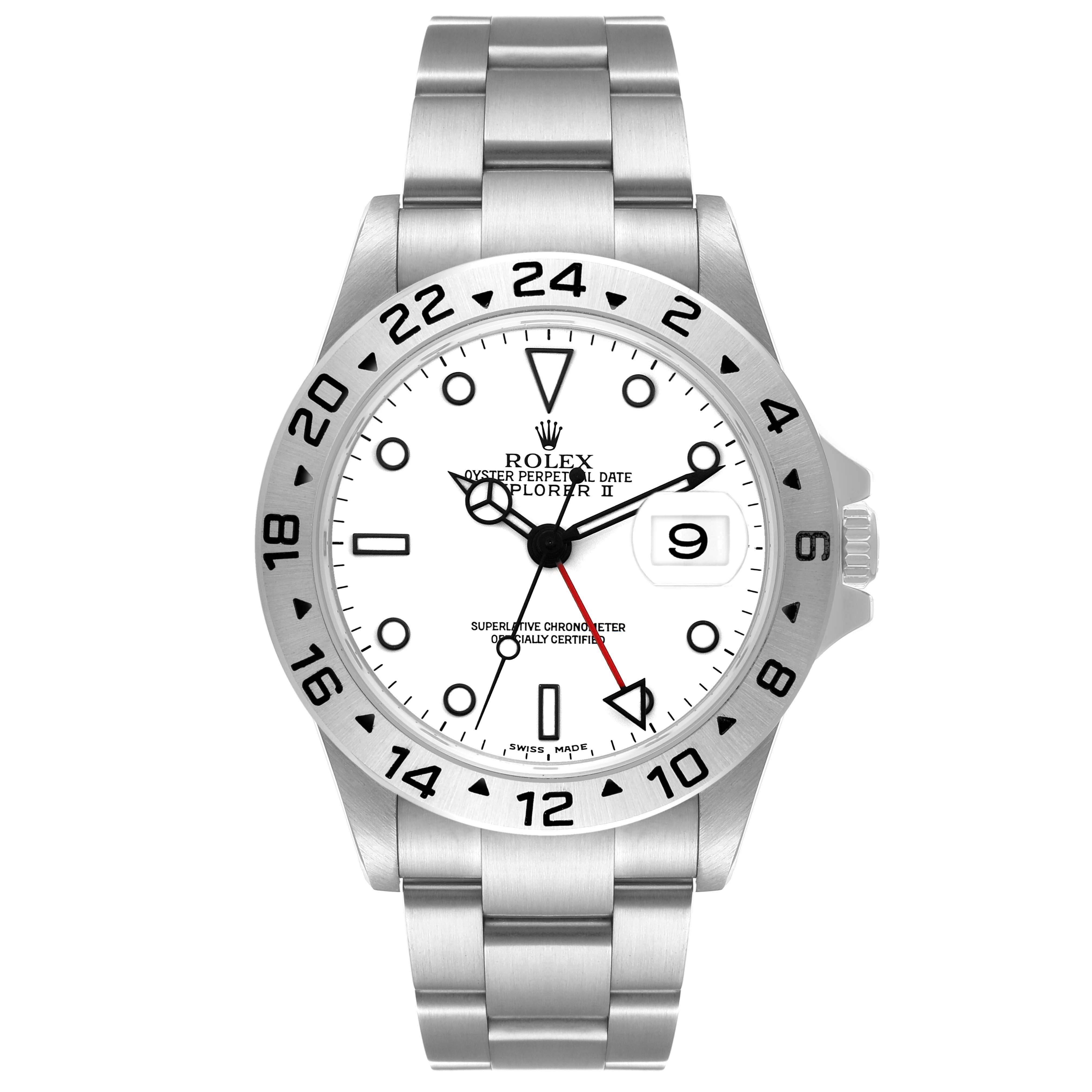 The image shows a front view of the Rolex Explorer 16570 Men's Stainless Steel White Dial II watch, highlighting its dial, bezel, and bracelet.