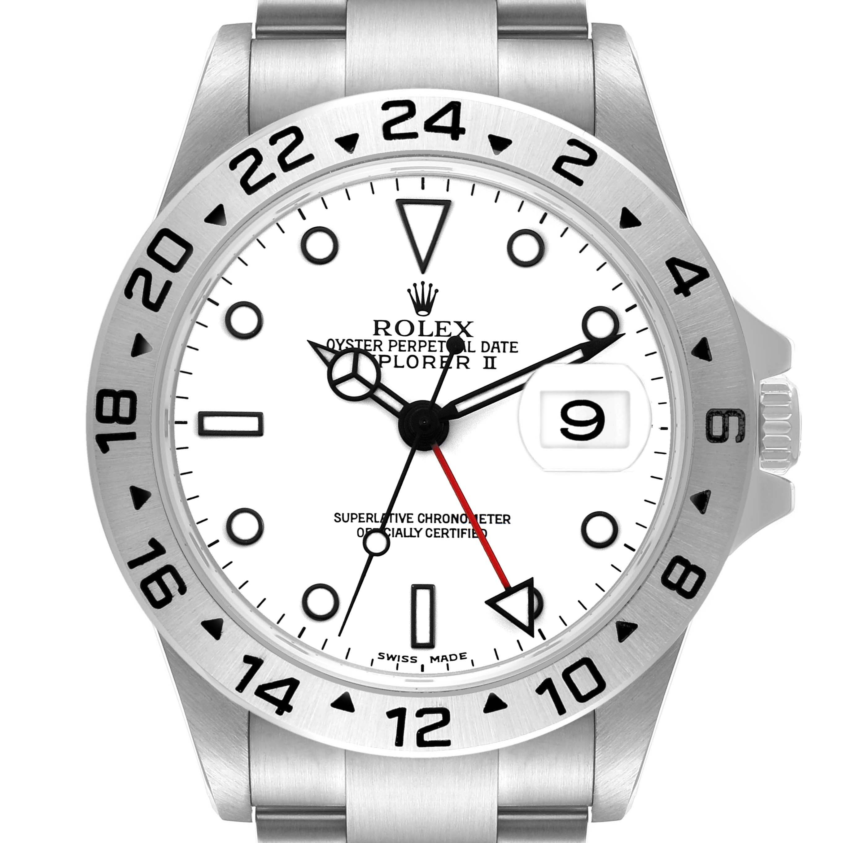 The Rolex Explorer 16570 Men's Stainless Steel White Dial II watch is shown from the front, displaying the dial, bezel, crown, hands, and bracelet.