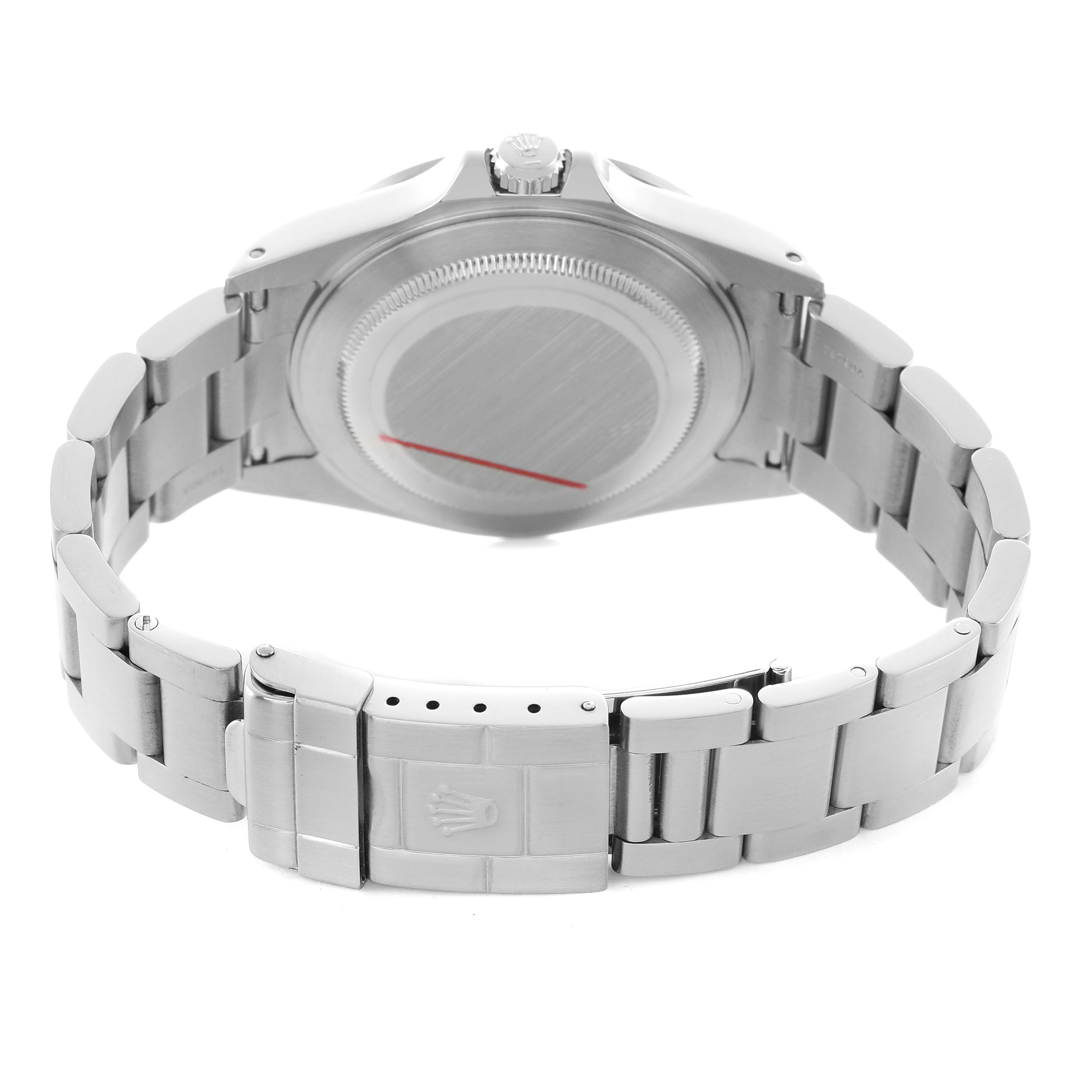 The image shows the back view of a Rolex Explorer 16570 Men's Stainless Steel White Dial watch, highlighting the clasp and bracelet links.