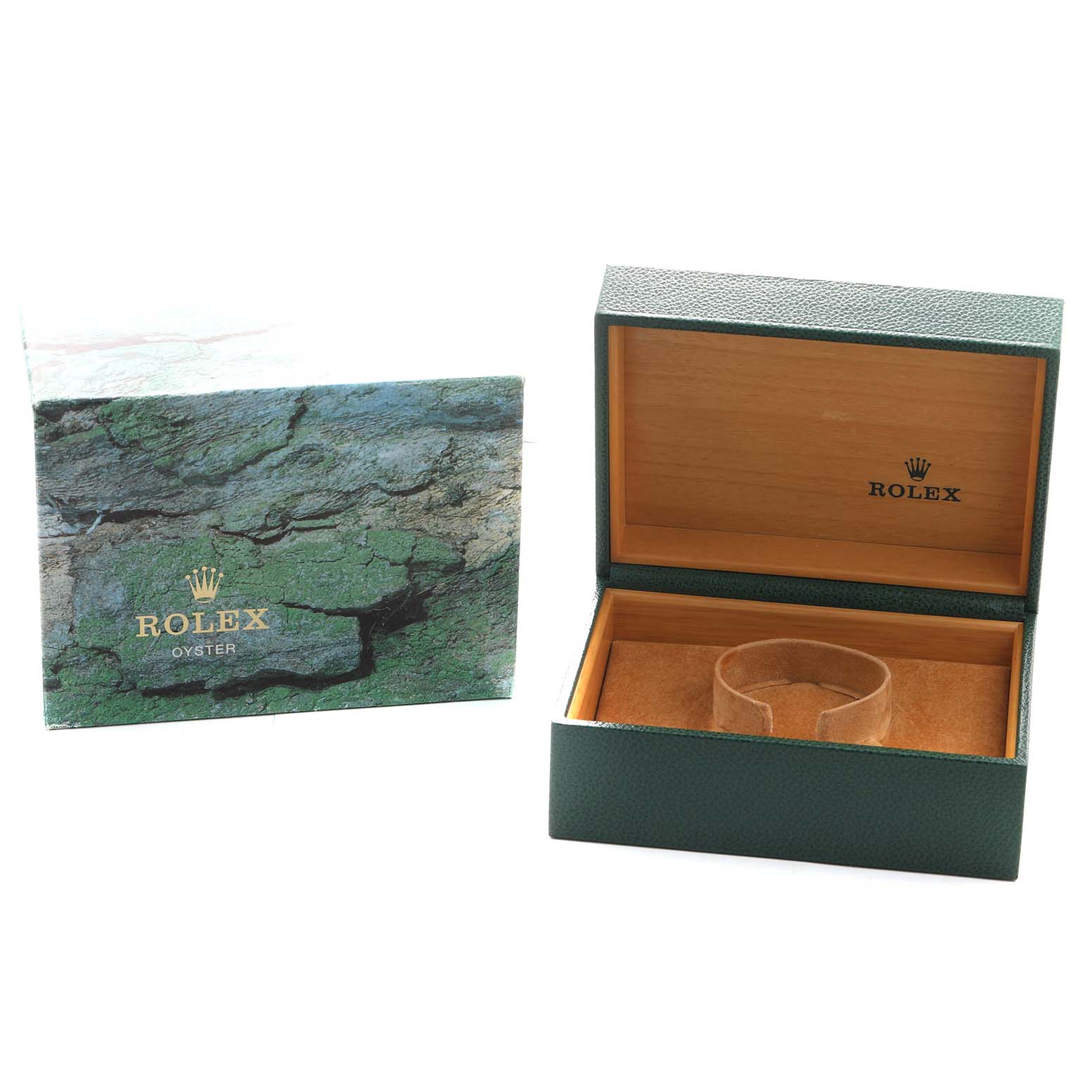 The image shows an open Rolex watch box for the Explorer model, displaying its interior with a velvet cushion and the outer packaging.