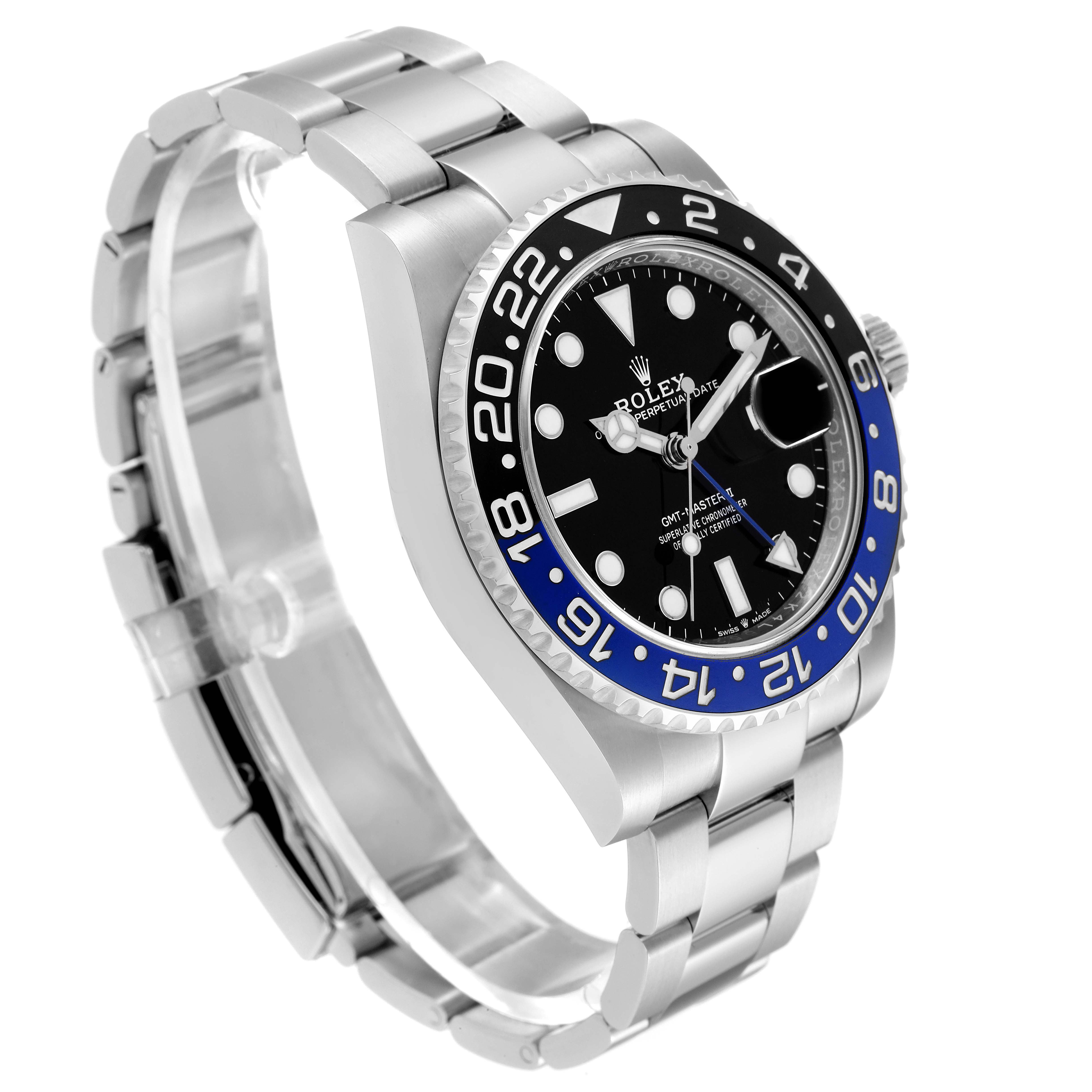 This image shows a Rolex GMT-Master 126710 Men's Stainless Steel Black Dial 126710 Men's Stainless Steel Black Dial watch at an angle showcasing its face, bezel, and bracelet.