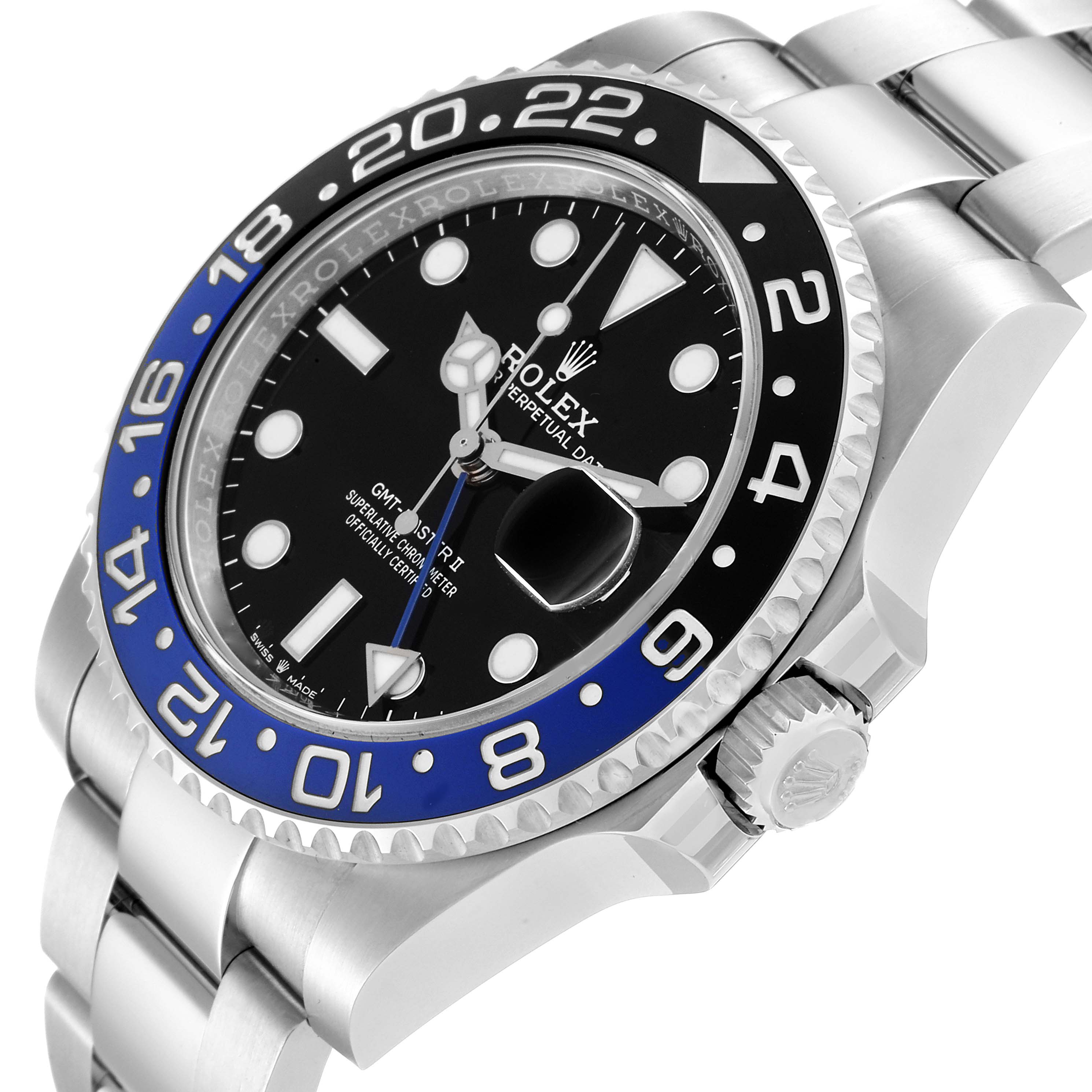 This image shows a Rolex GMT-Master 126710 Men's Stainless Steel Black Dial 126710 Men's Stainless Steel Black Dial II watch from an angled side view, featuring its bezel, dial, crown, and part of the bracelet.
