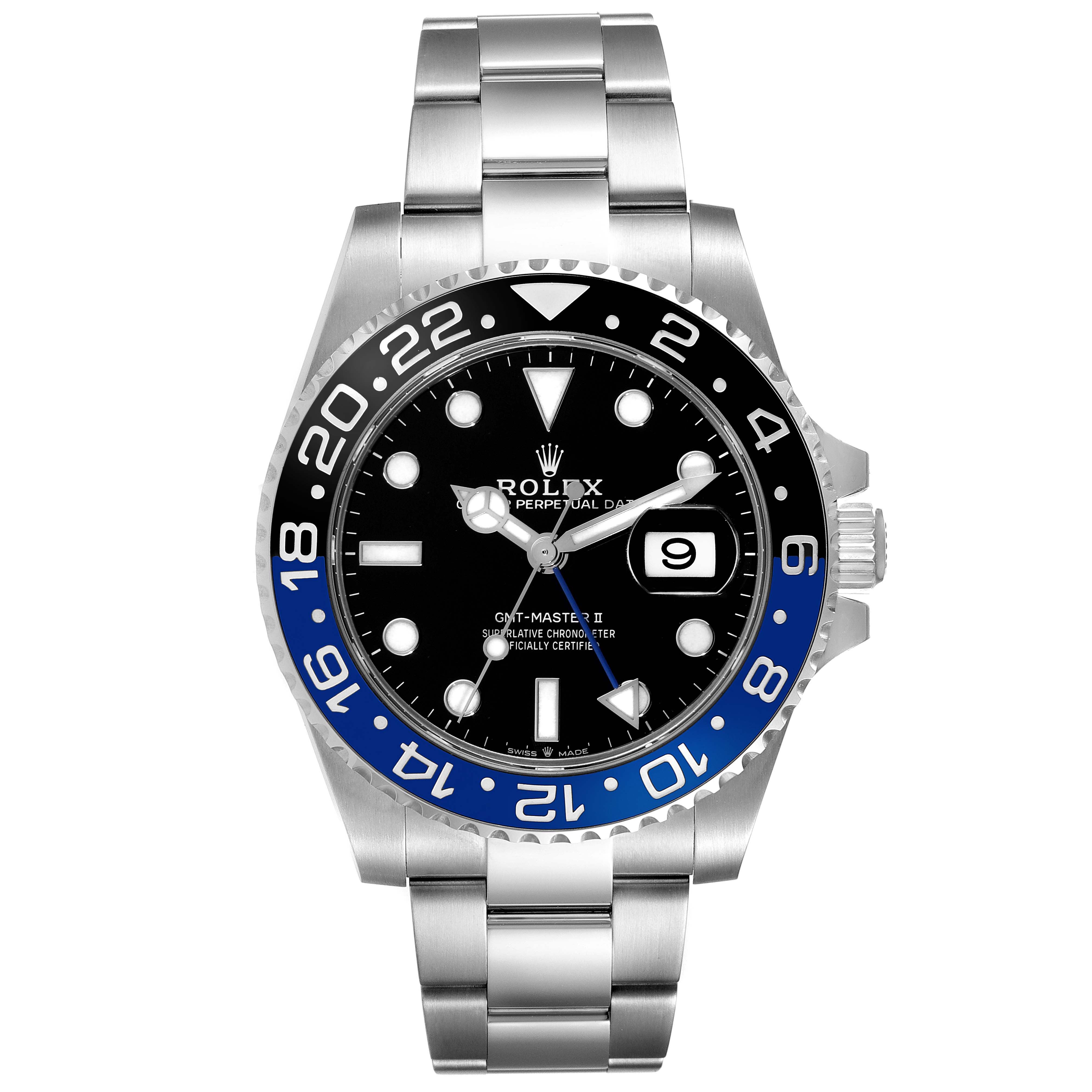 The Rolex GMT-Master 126710 Men's Stainless Steel Black Dial 126710 Men's Stainless Steel Black Dial watch is shown from a front angle, highlighting the bezel, dial, hands, date window, and bracelet.