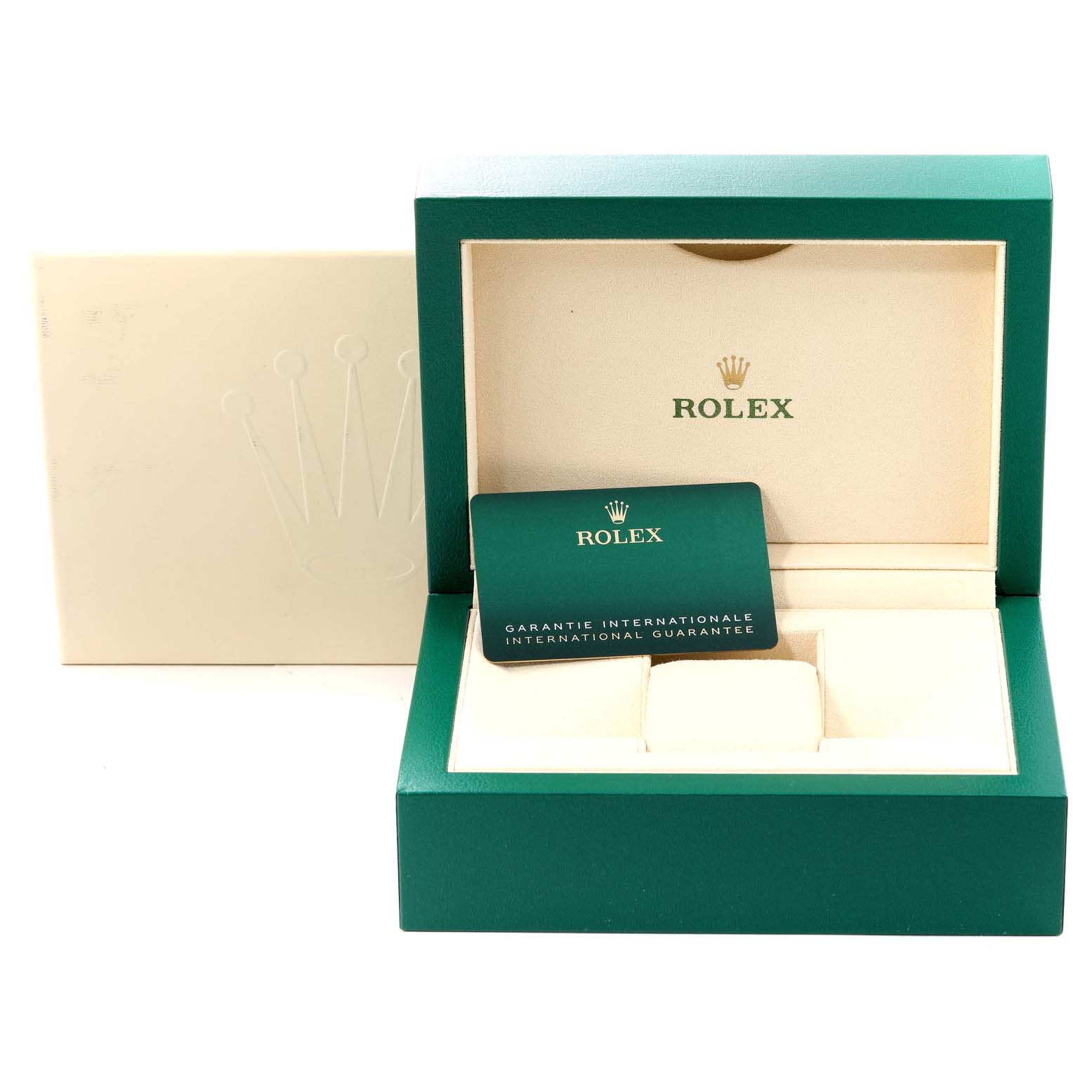 The image shows an open green Rolex box with the brand logo, containing a warranty card holder for the GMT-Master model.