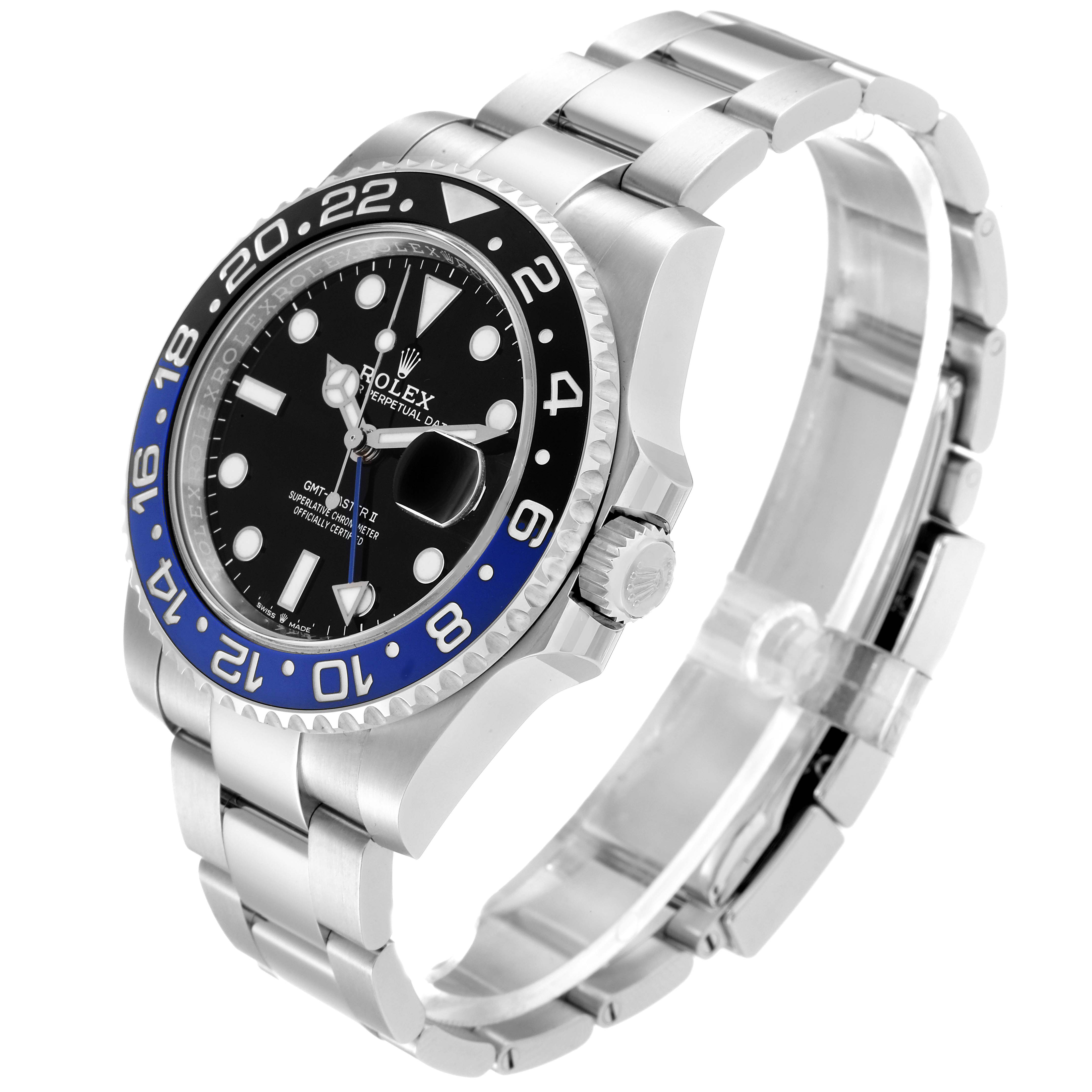 This image shows a Rolex GMT-Master 126710 Men's Stainless Steel Black Dial 126710 Men's Stainless Steel Black Dial watch at a three-quarter angle, highlighting the watch face, bezel, and bracelet.