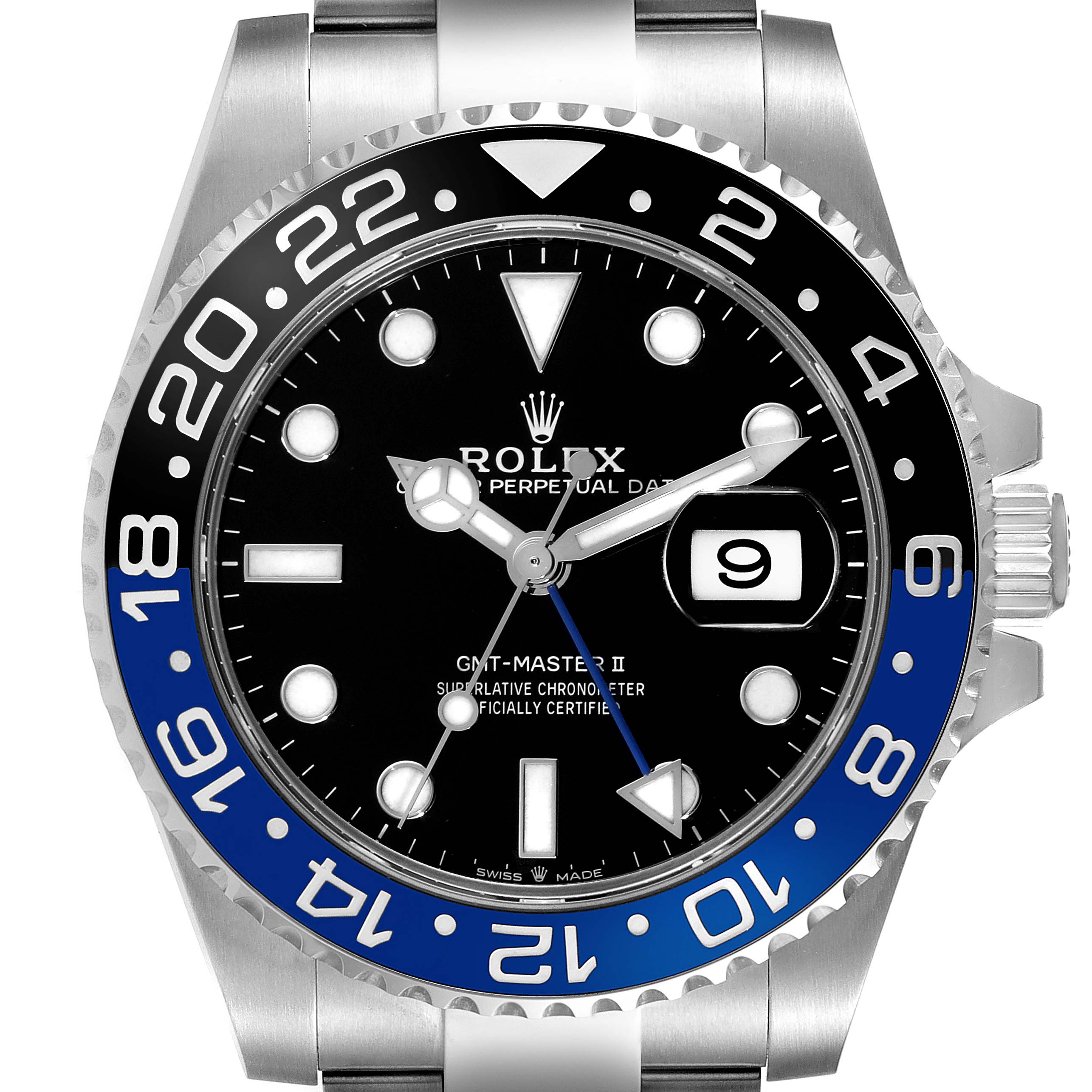 The Rolex GMT-Master 126710 Men's Stainless Steel Black Dial 126710 Men's Stainless Steel Black Dial watch is shown from a front angle, displaying the face, hands, date window, bezel, crown, and part of the bracelet.