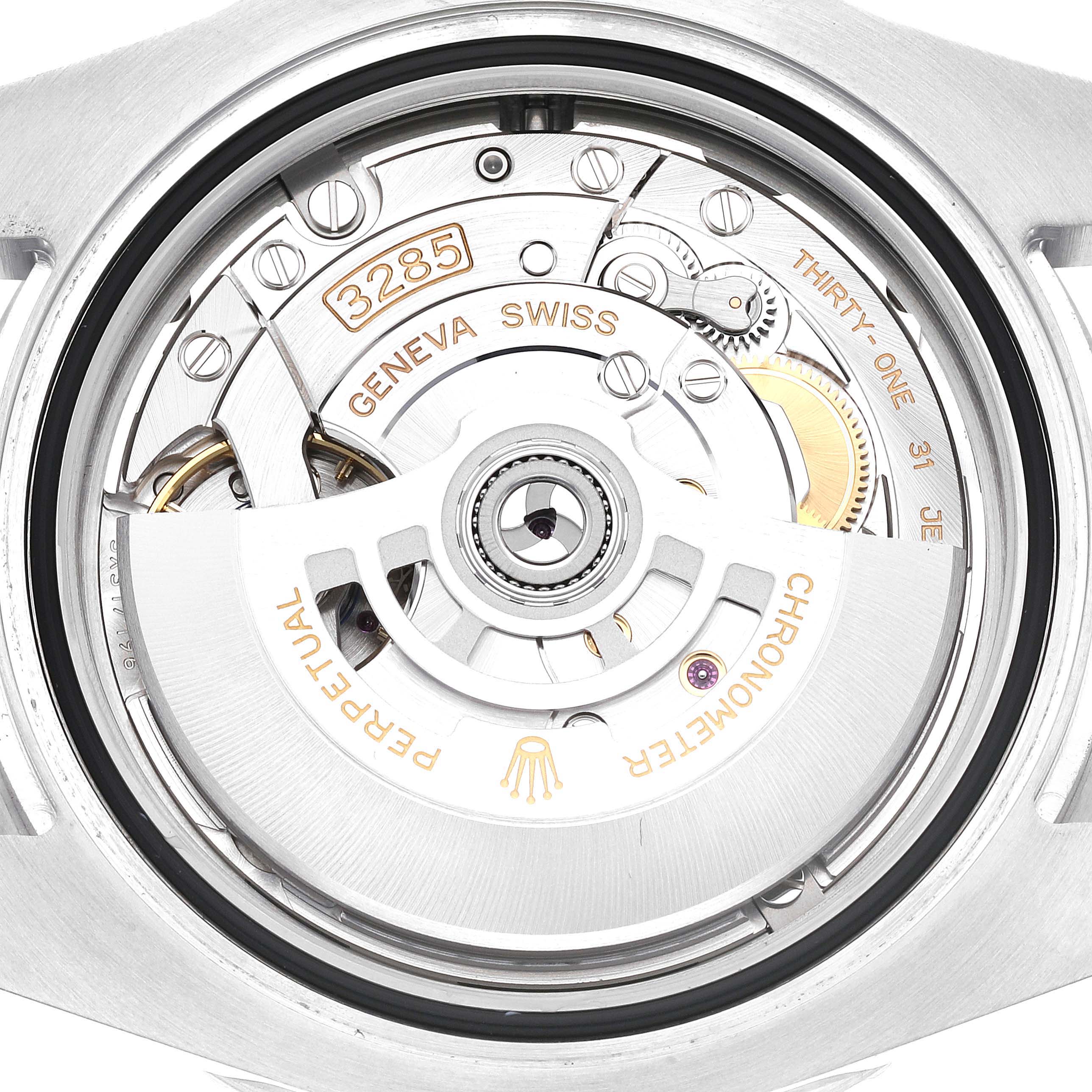 This is a close-up view of the movement inside a Rolex GMT-Master 126710 Men's Stainless Steel Black Dial 126710 Men's Stainless Steel Black Dial watch, showcasing its internal components and rotor.