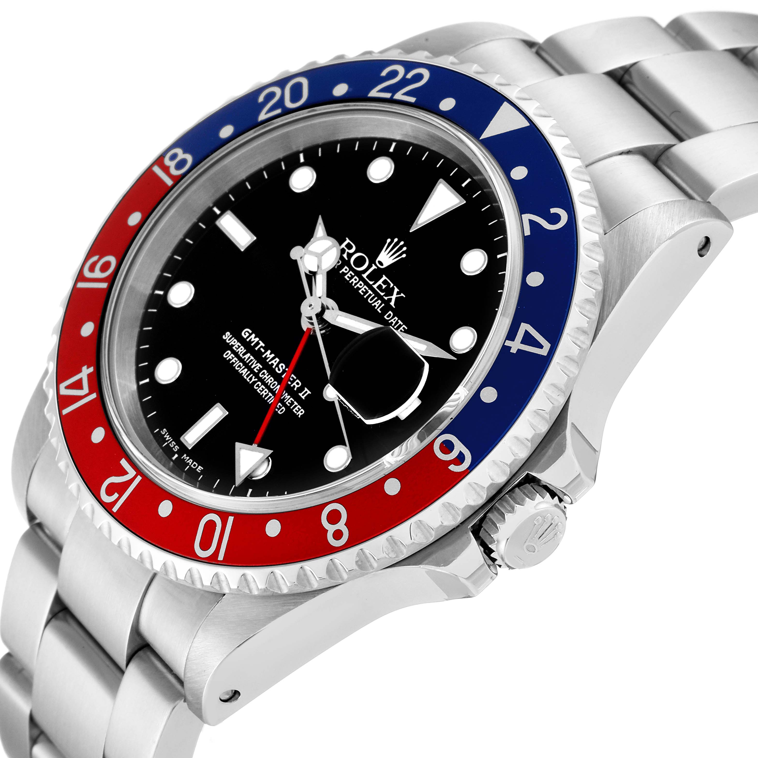 The image shows a side angle of a Rolex GMT-Master 16710 Men
s Stainless Steel Black Dial 16710 Men
s Stainless Steel Black Dial watch, highlighting the bezel, face, and part of the bracelet.