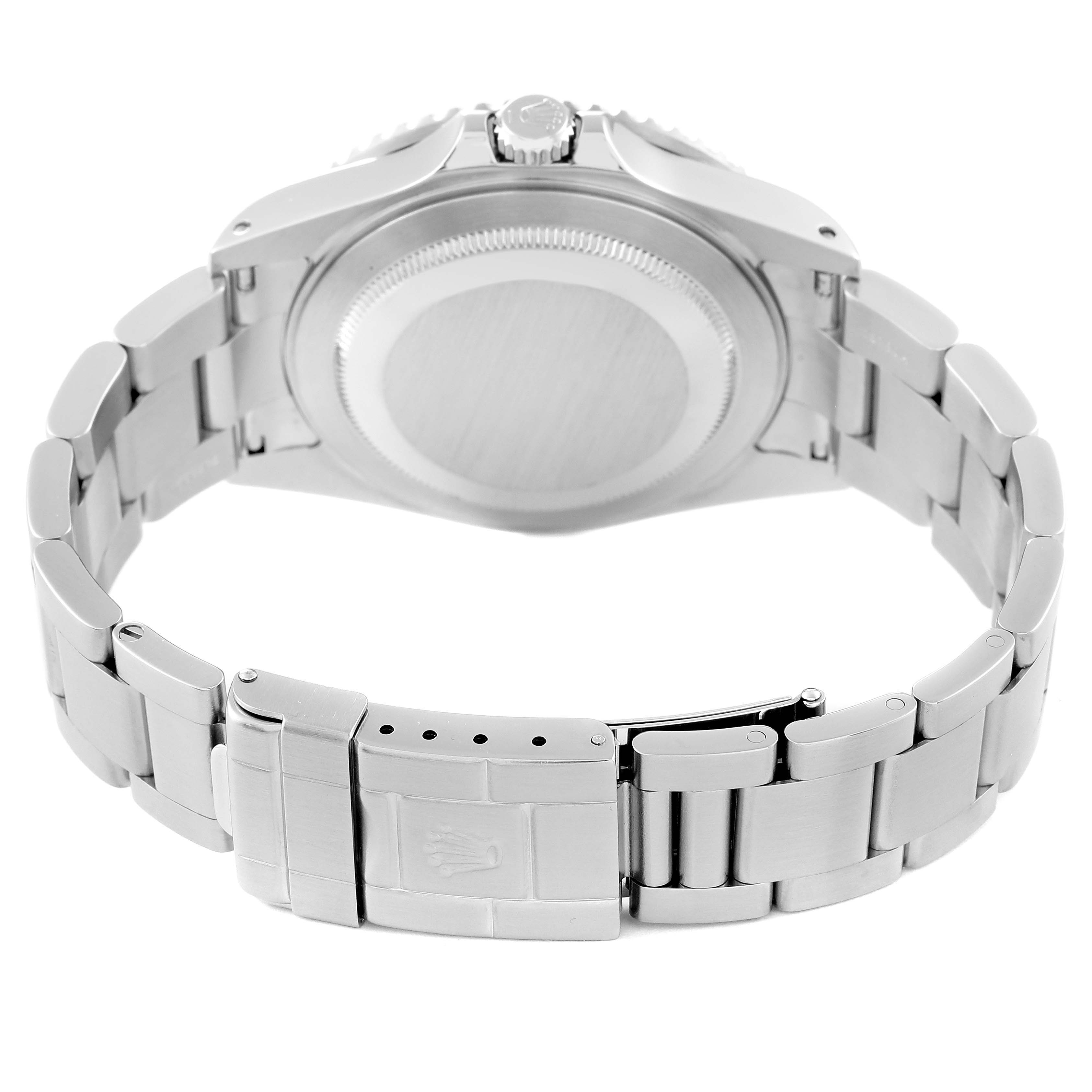 This image shows the back case and bracelet of a Rolex GMT-Master 16710 Men
s Stainless Steel Black Dial 16710 Men
s Stainless Steel Black Dial watch from a rear angle.