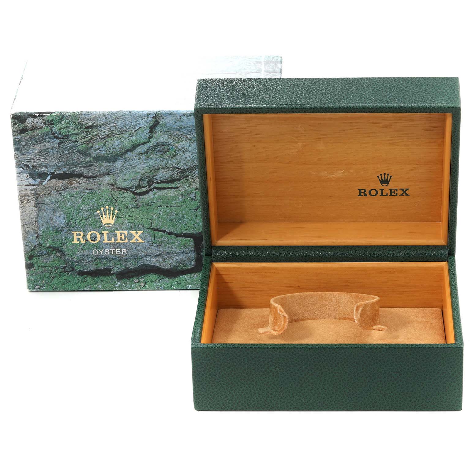 The image shows an open green Rolex box, revealing its wooden interior and a holder for a GMT-Master model.