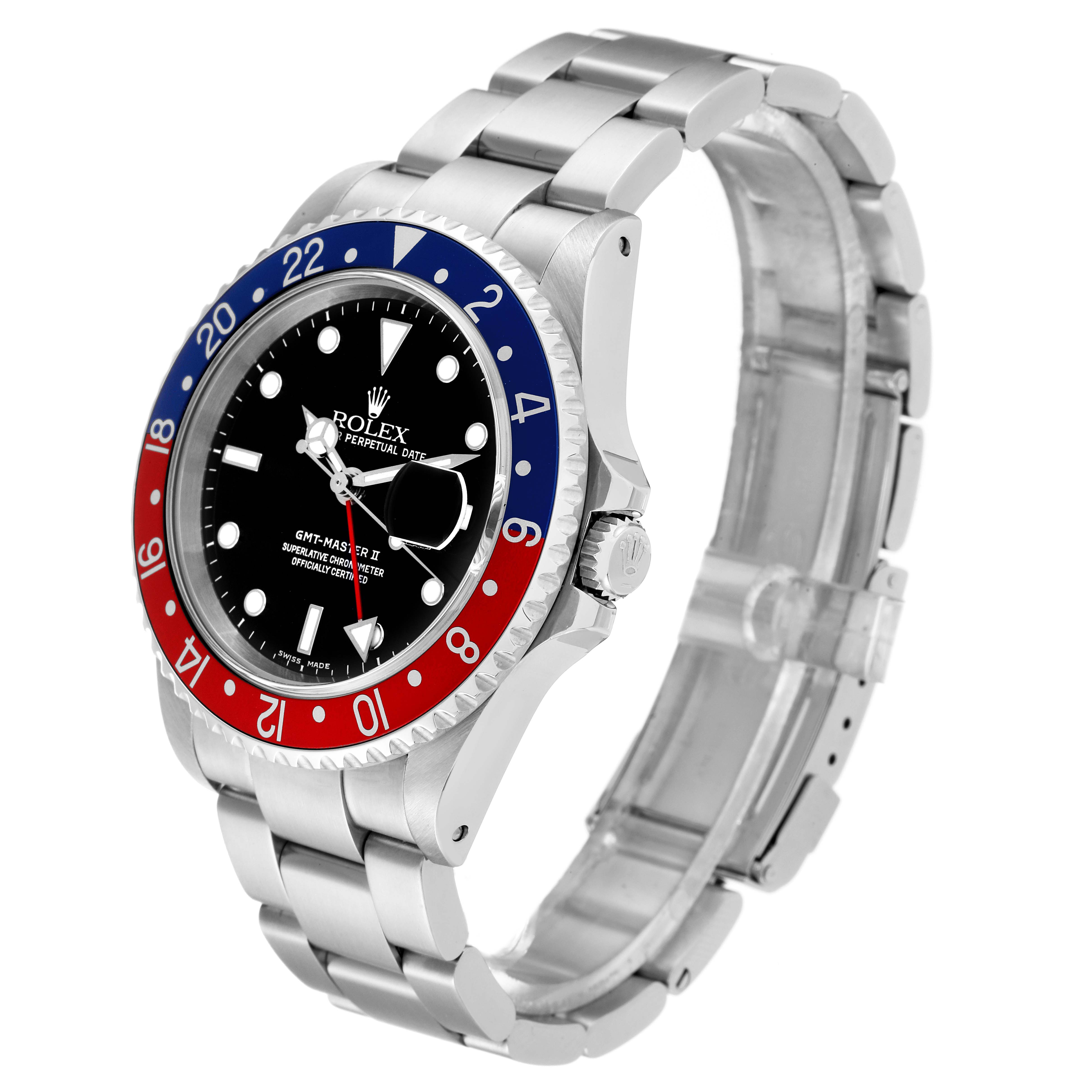 This image shows a side angle of a Rolex GMT-Master 16710 Men
s Stainless Steel Black Dial 16710 Men
s Stainless Steel Black Dial watch, showcasing the bezel, dial, and bracelet.