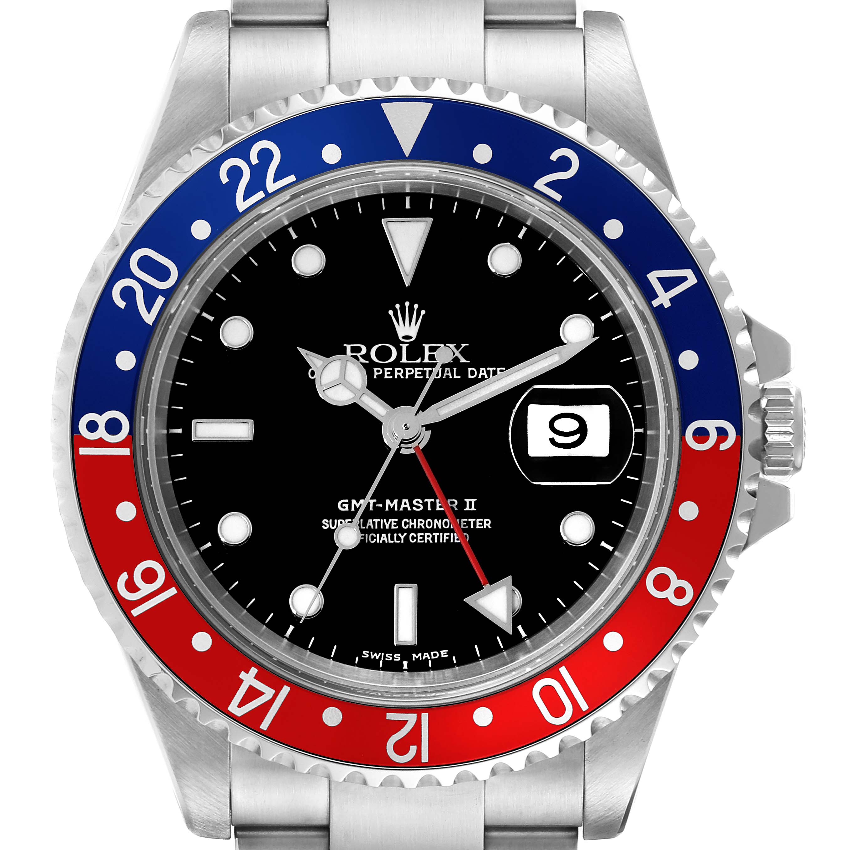 This Rolex GMT-Master 16710 Men
s Stainless Steel Black Dial 16710 Men
s Stainless Steel Black Dial watch is shown from the front, displaying its dial, bezel, and part of its stainless steel bracelet.