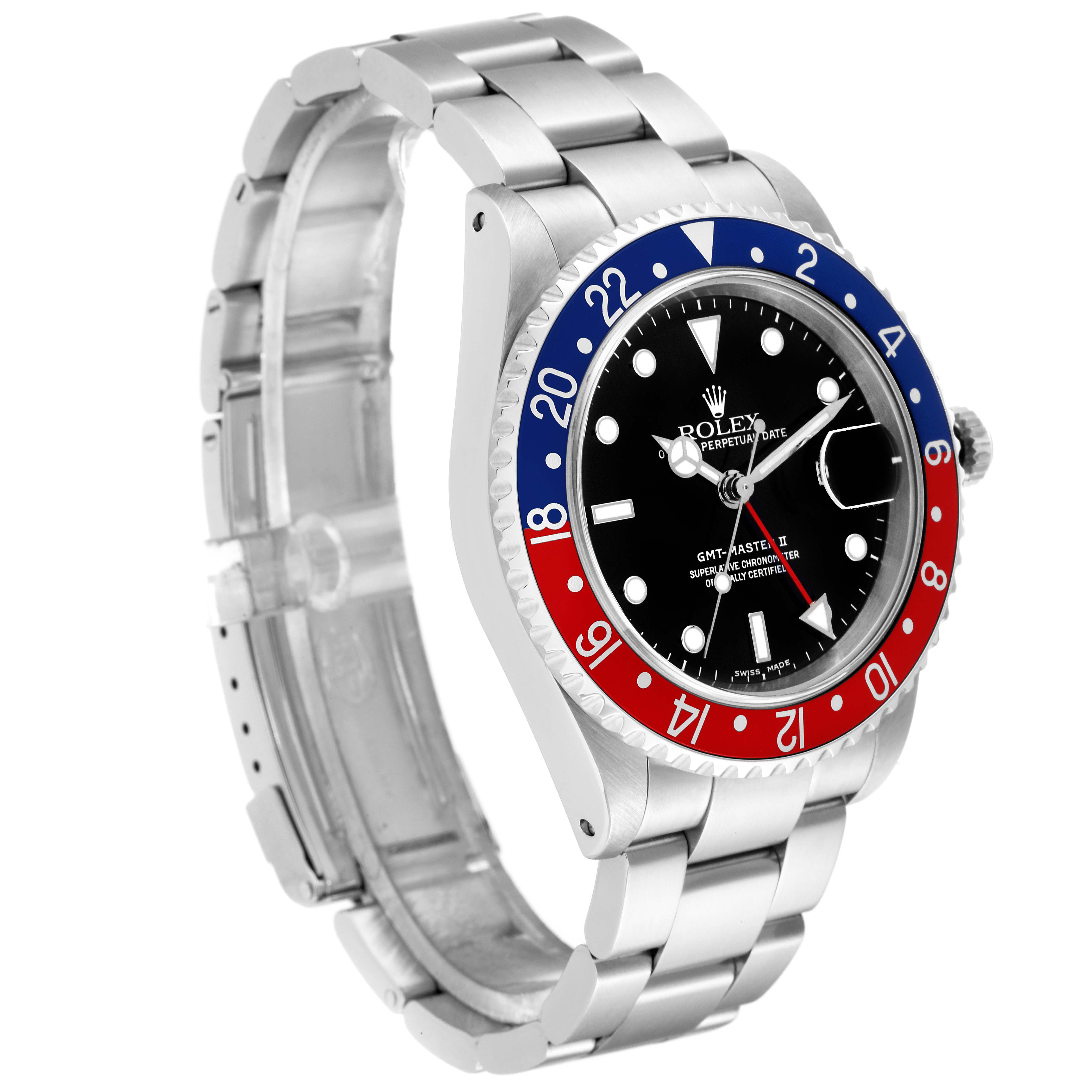 The image shows a side angle of a Rolex GMT-Master 16710 Men
s Stainless Steel Black Dial 16710 Men
s Stainless Steel Black Dial watch, highlighting its bezel, dial, case, and bracelet.