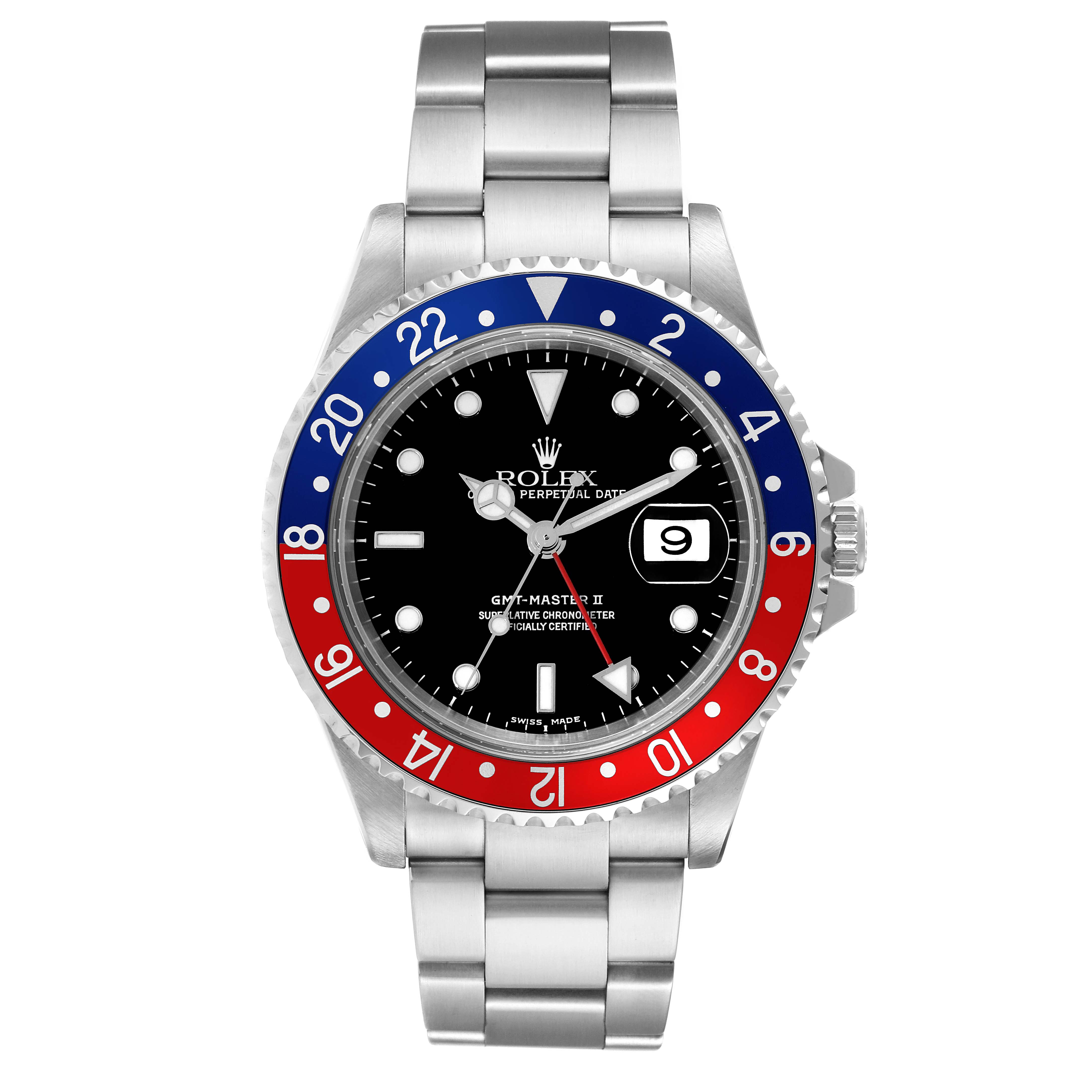The Rolex GMT-Master 16710 Men
s Stainless Steel Black Dial 16710 Men
s Stainless Steel Black Dial model is shown from the front, displaying its bezel, dial, hands, and bracelet.