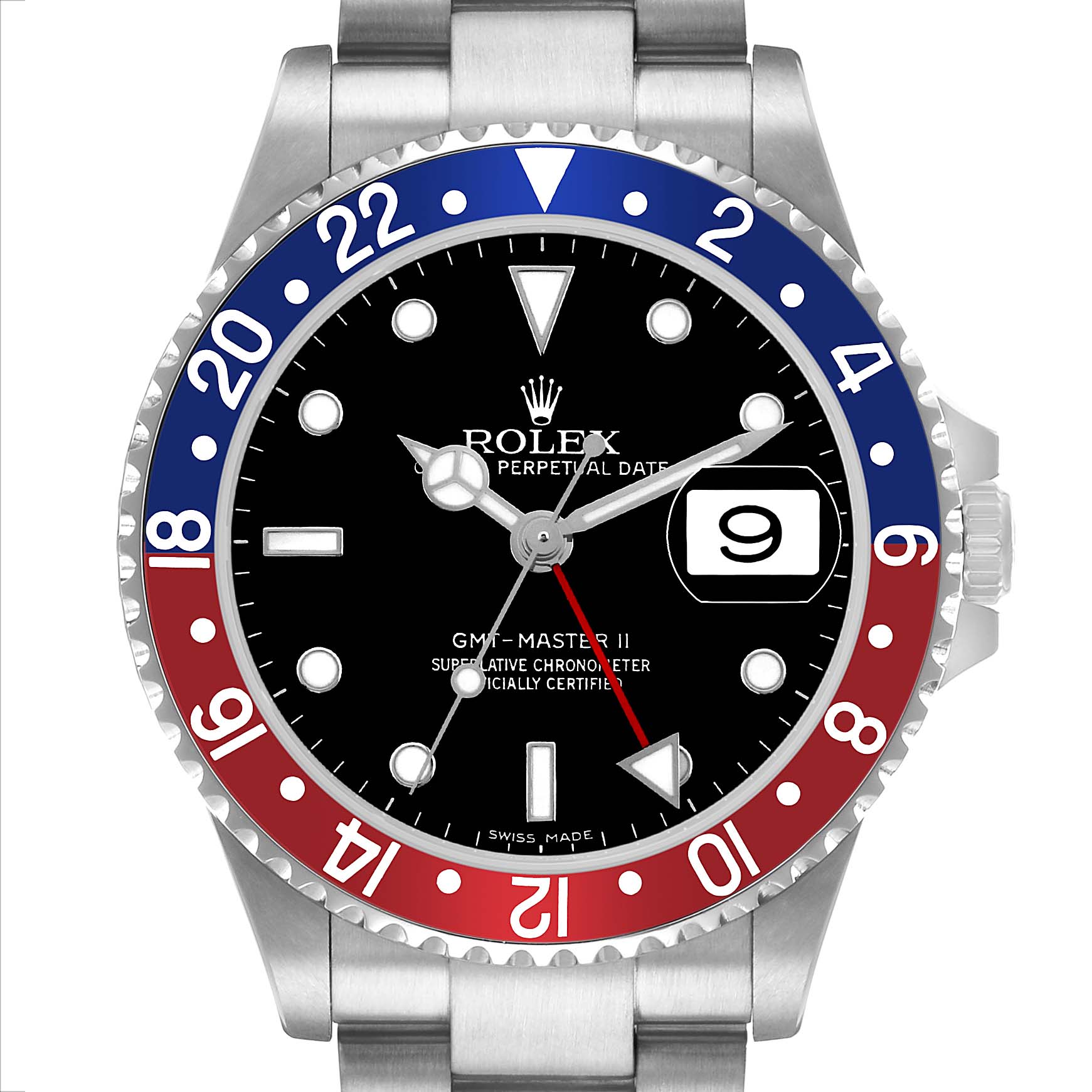 The Rolex GMT-Master 16710 Men's Stainless Steel Black Dial watch is shown from a top-down angle, featuring the bezel, dial, and part of the bracelet.