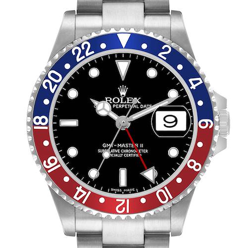 The Rolex GMT-Master 16710 Men's Stainless Steel Black Dial II watch is shown from the front, highlighting its bezel, dial, hands, and date function.