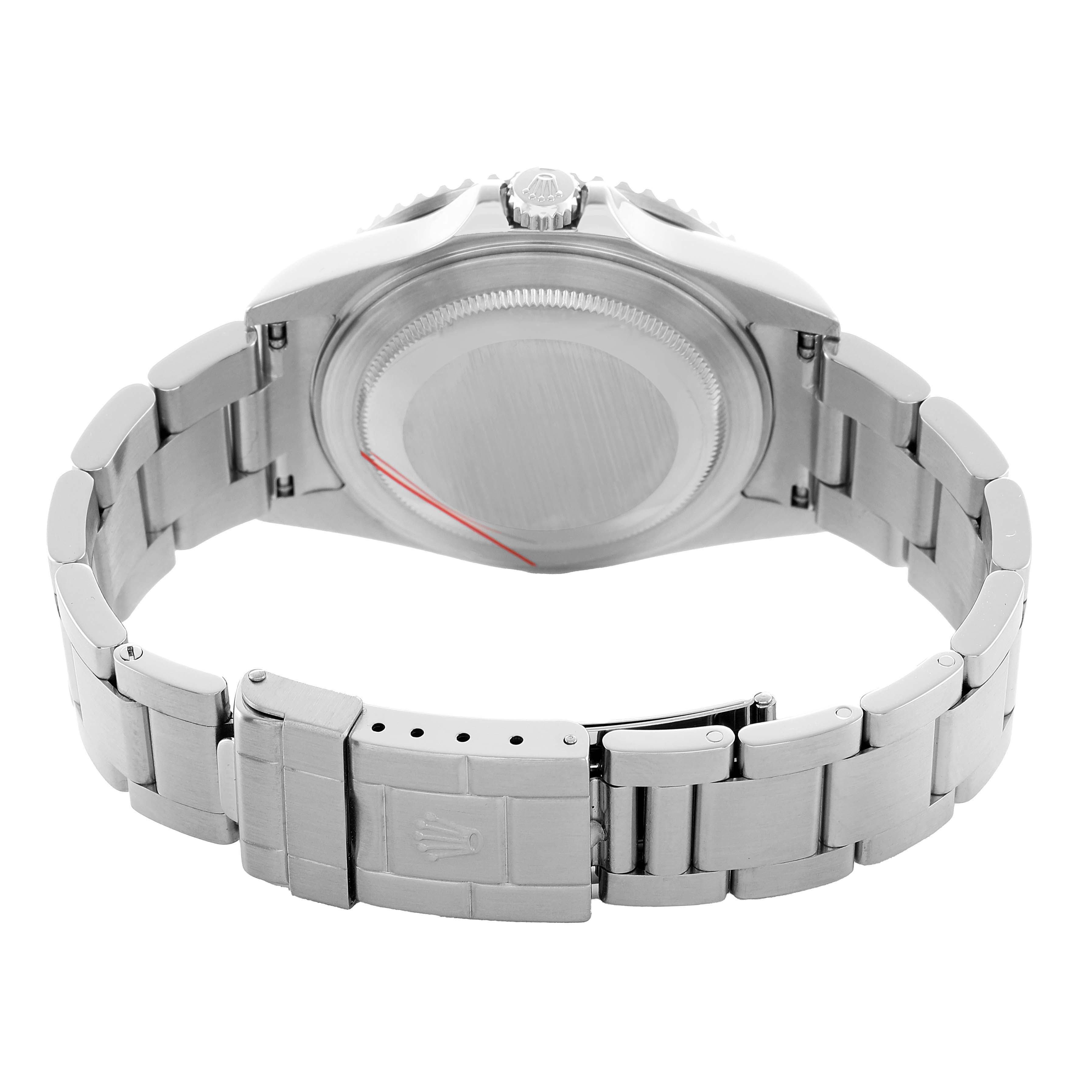 The image shows the back of a Rolex GMT-Master 16710 Men's Stainless Steel Black Dial watch, highlighting the case back, clasp, and bracelet.