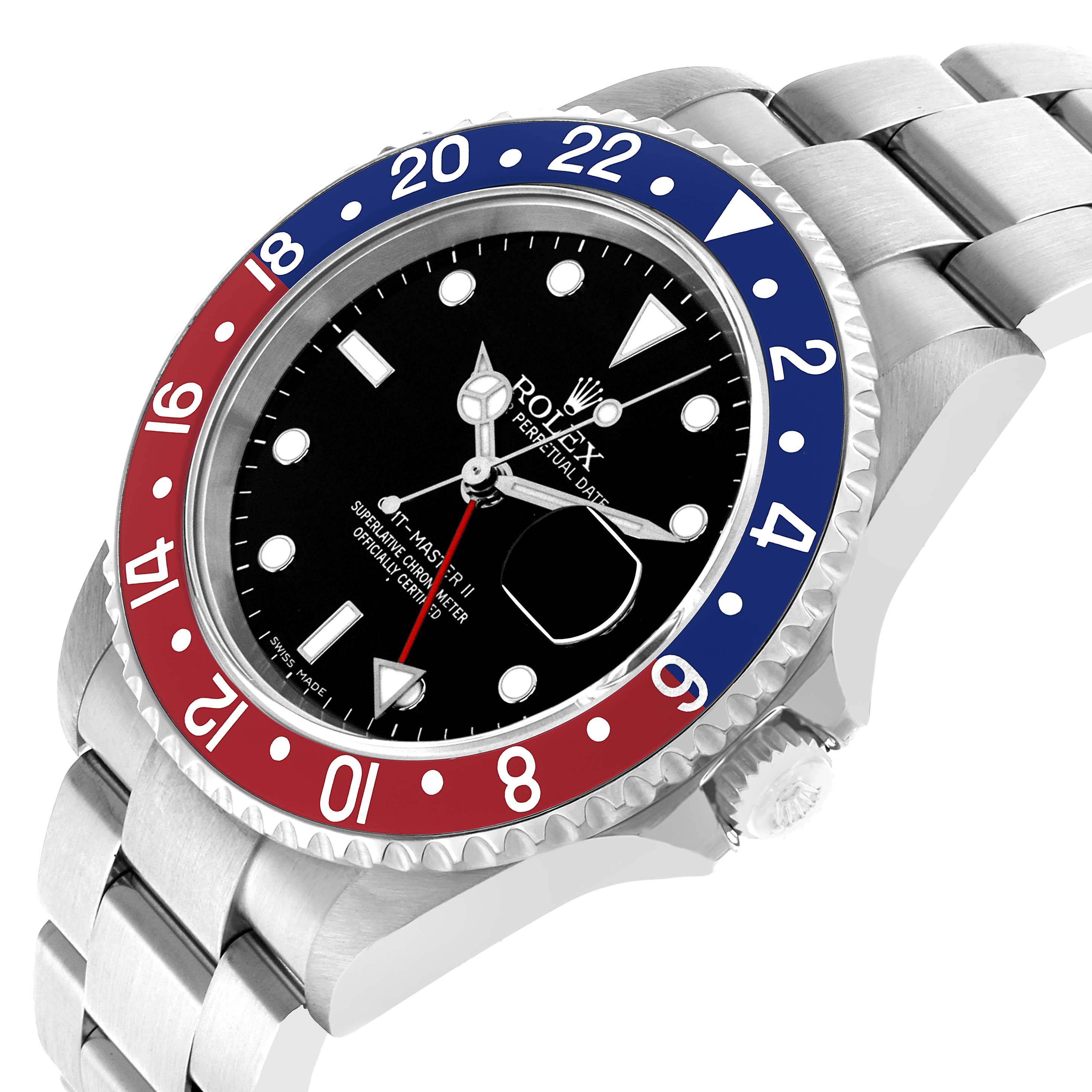 The Rolex GMT-Master 16710 Men's Stainless Steel Black Dial watch is shown at a three-quarter angle, displaying the bezel, dial, crown, and part of the bracelet.