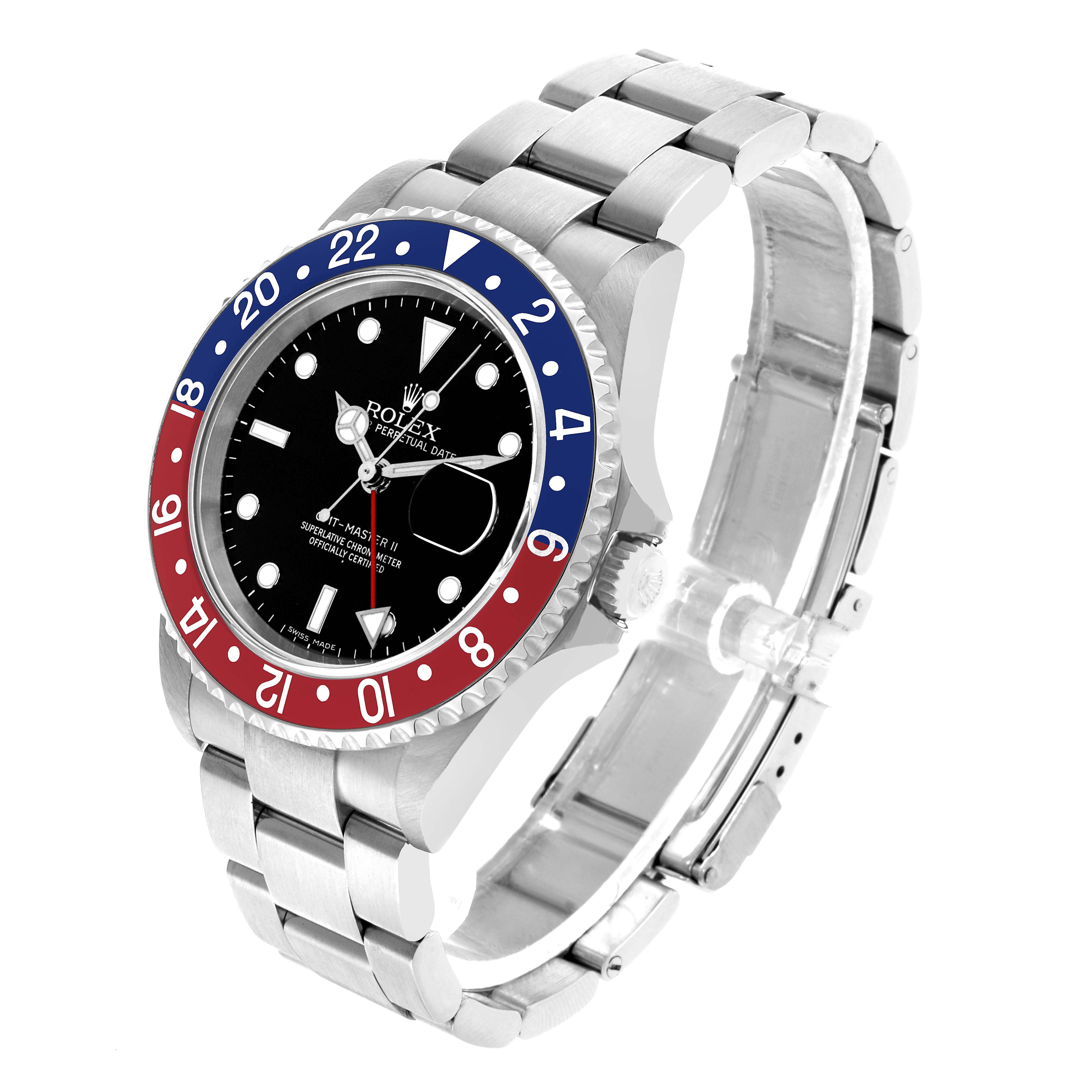 The Rolex GMT-Master 16710 Men's Stainless Steel Black Dial watch is shown at a three-quarter angle, highlighting the bezel, dial, crown, and bracelet.