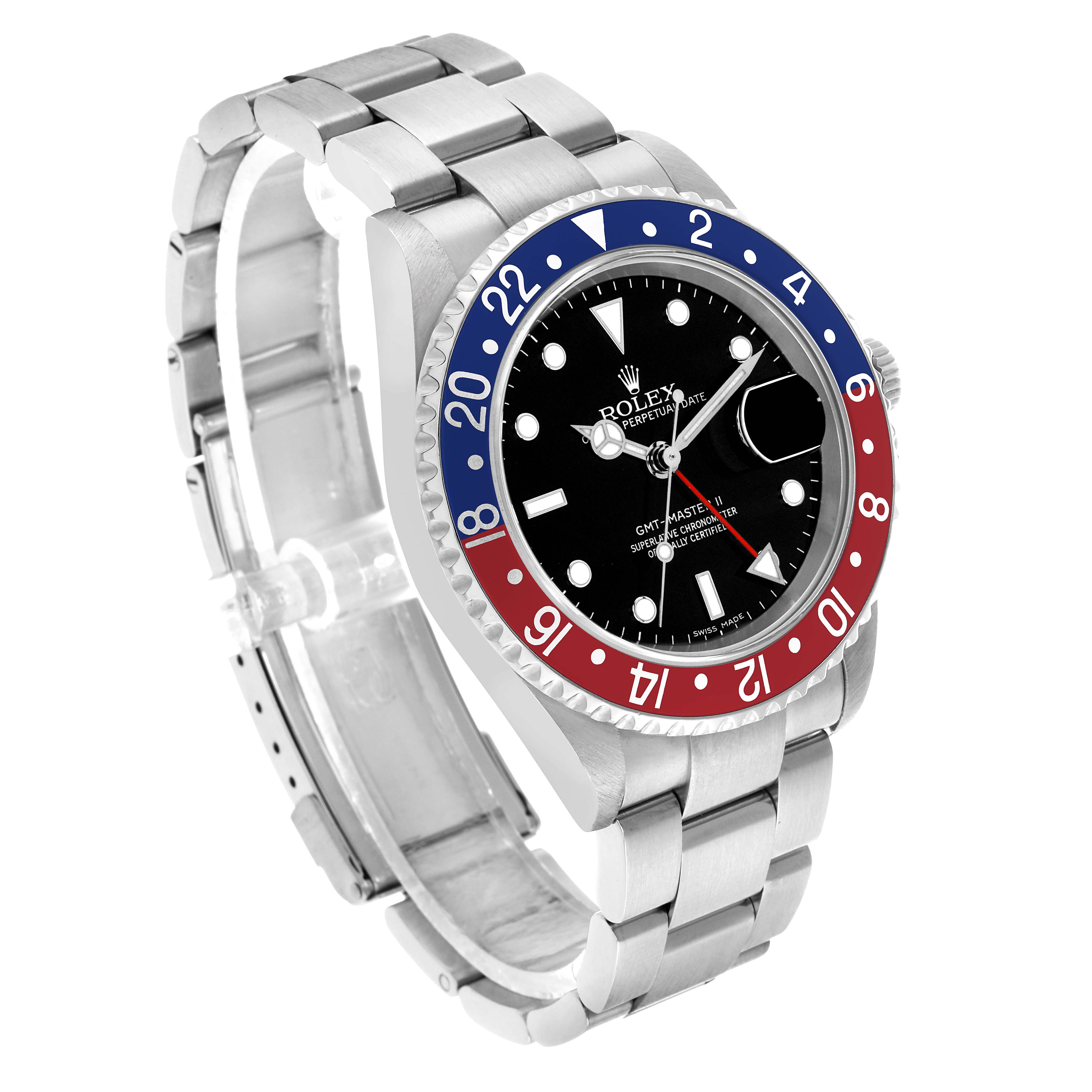 The Rolex GMT-Master 16710 Men's Stainless Steel Black Dial watch is shown at an angled view, highlighting its Pepsi bezel, dial, and bracelet.