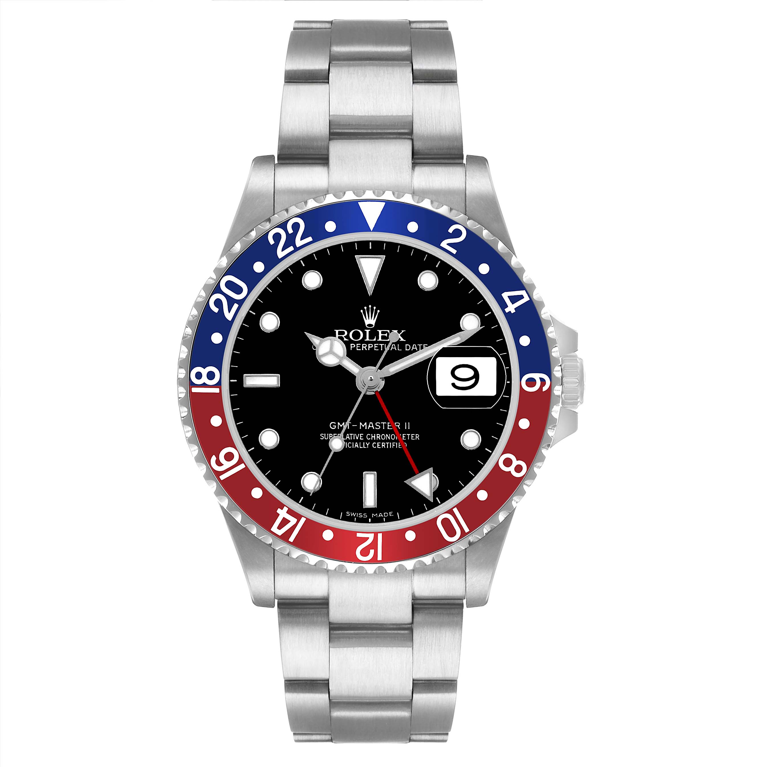 The Rolex GMT-Master 16710 Men's Stainless Steel Black Dial watch is shown from a front angle, highlighting its bezel, dial, hands, bracelet, and date window.