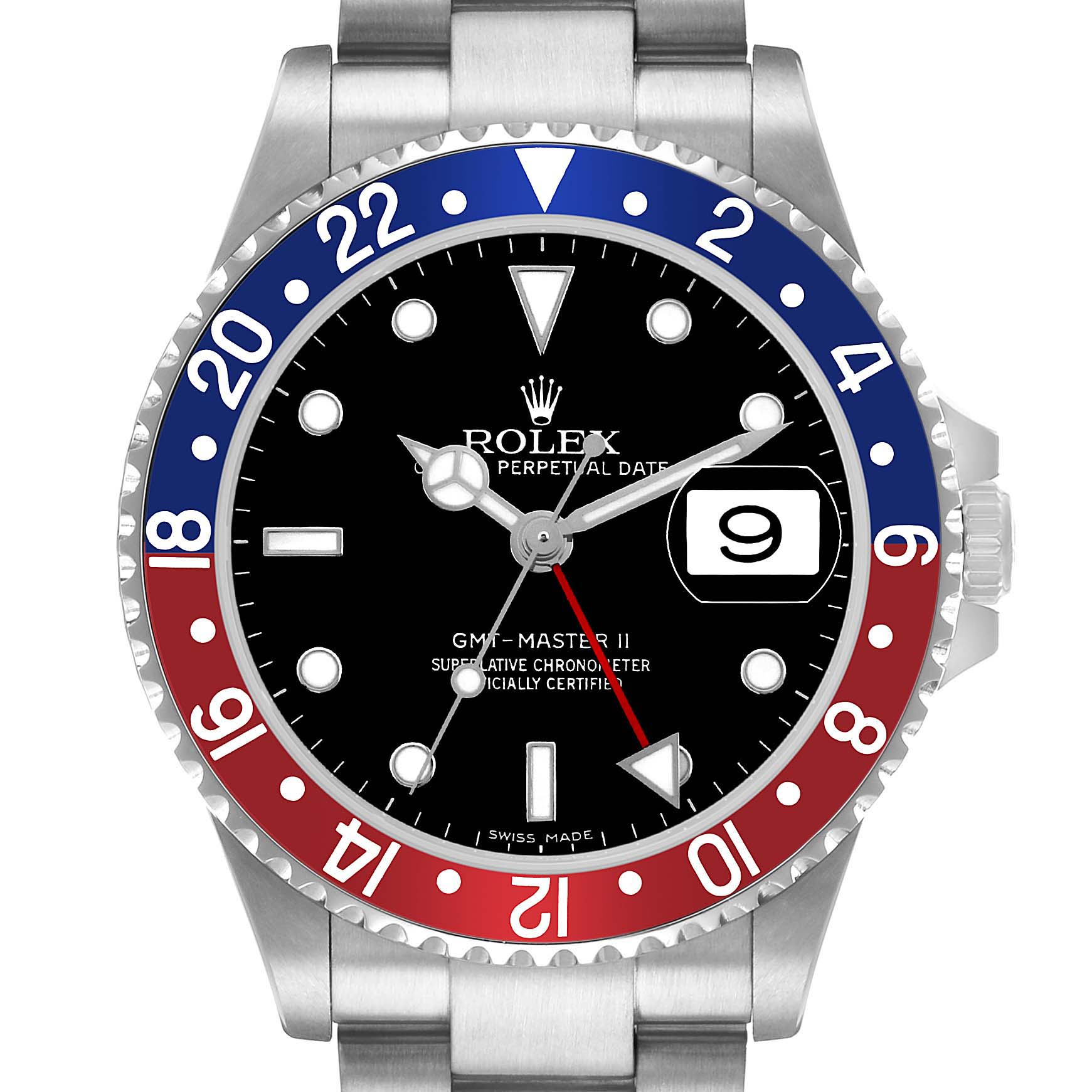 The Rolex GMT-Master 16710 Men's Stainless Steel Black Dial shows a front view, highlighting the bezel, dial, hands, and date window.