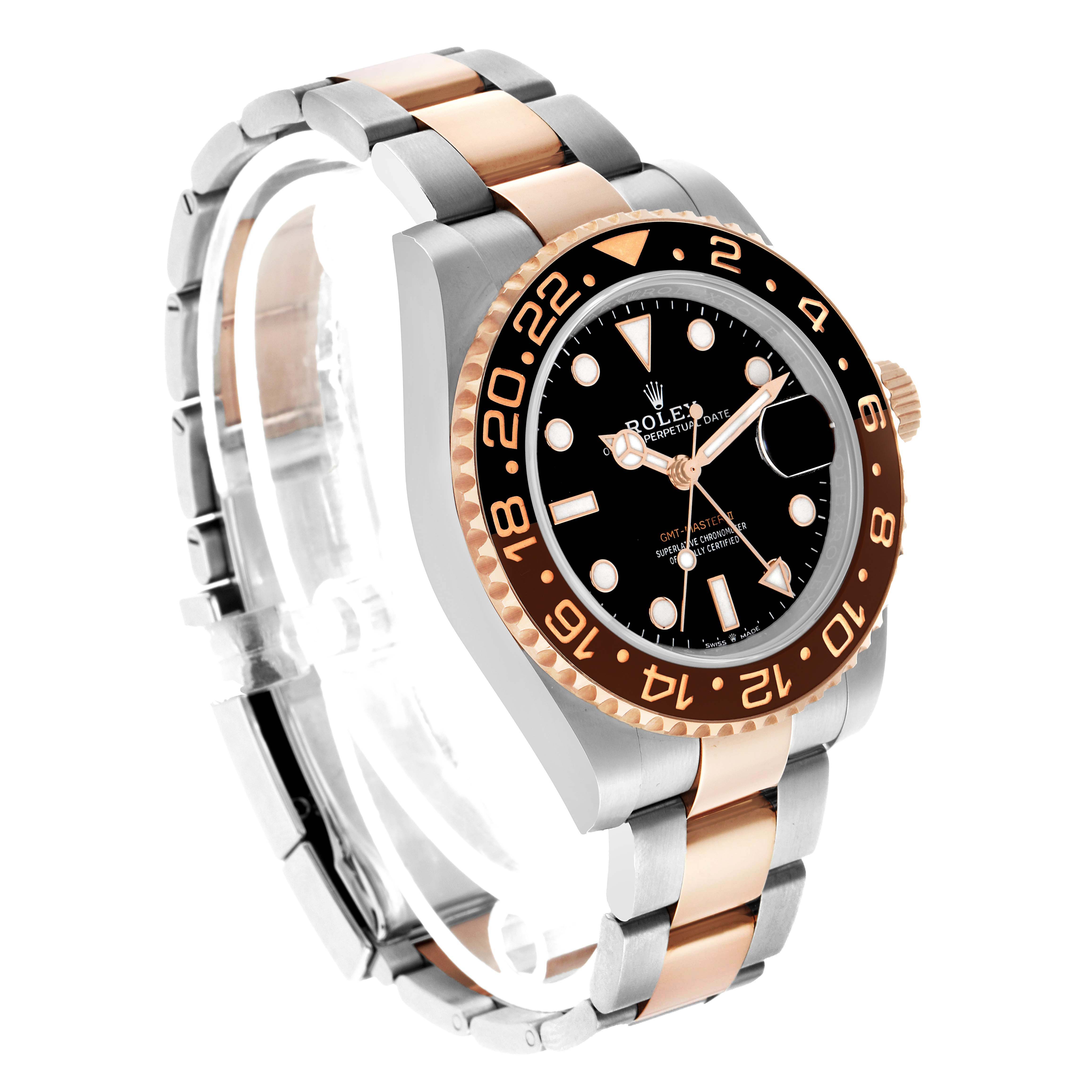 The Rolex GMT-Master 126711 Men's Steel and Gold (two tone) Black Dial watch is shown from a three-quarter angle, highlighting the bezel, dial, and two-tone bracelet.
