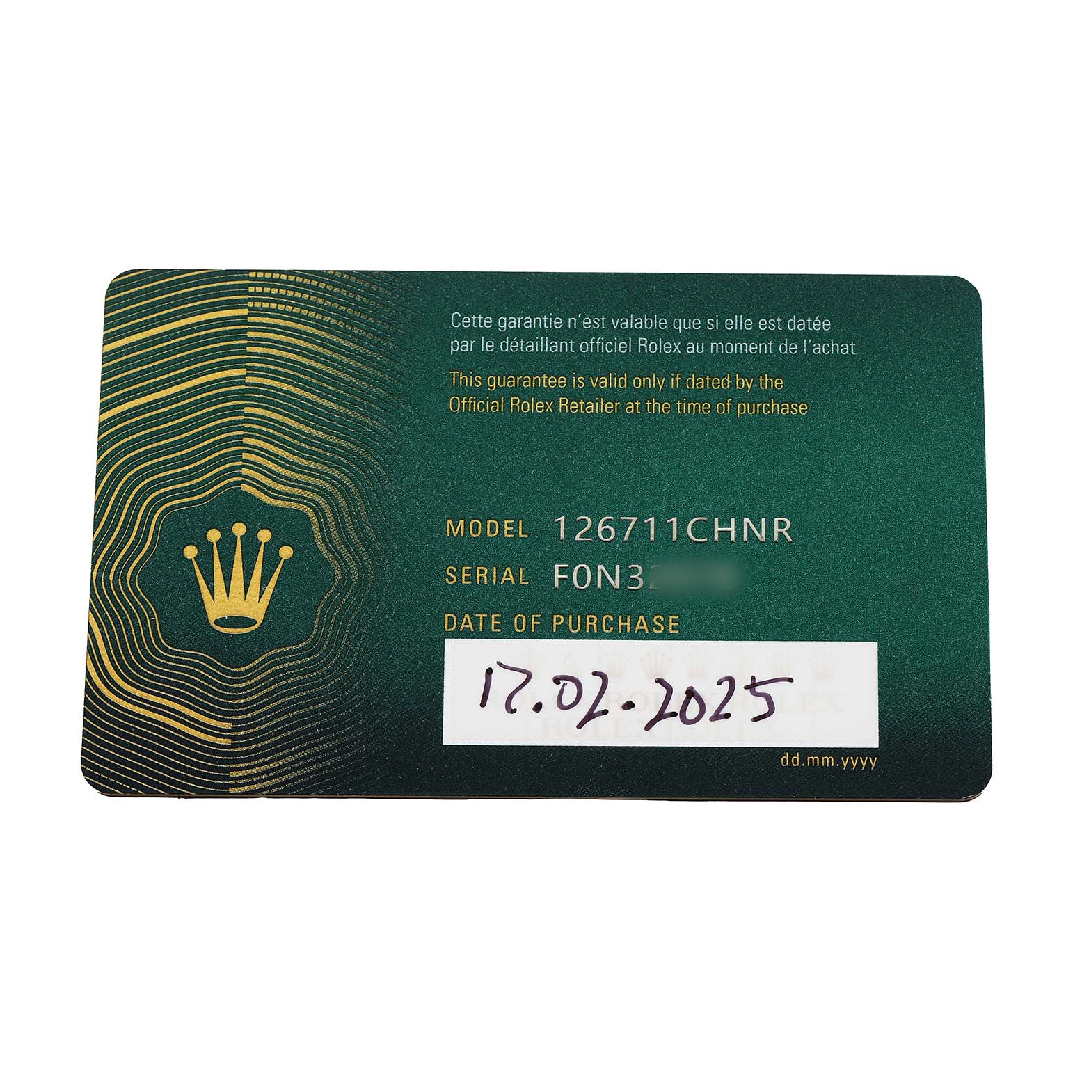 The image shows a warranty card for a Rolex GMT-Master 126711 Men's Steel and Gold (two tone) Black Dial, model 126711CHNR.