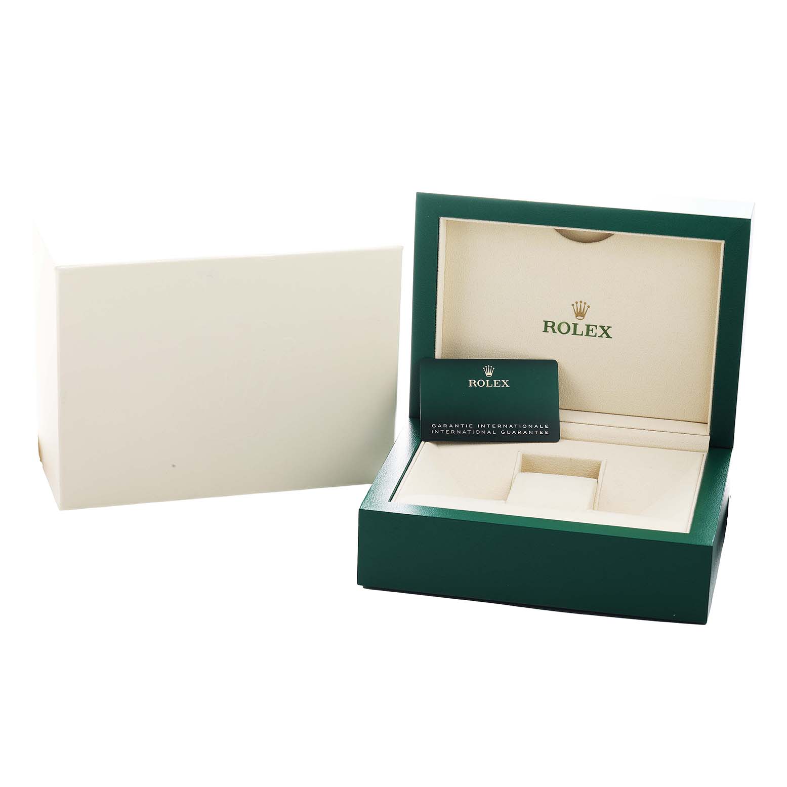 The image shows a Rolex GMT-Master 126711 Men's Steel and Gold (two tone) Black Dial watch box, open, with an international guarantee card inside.