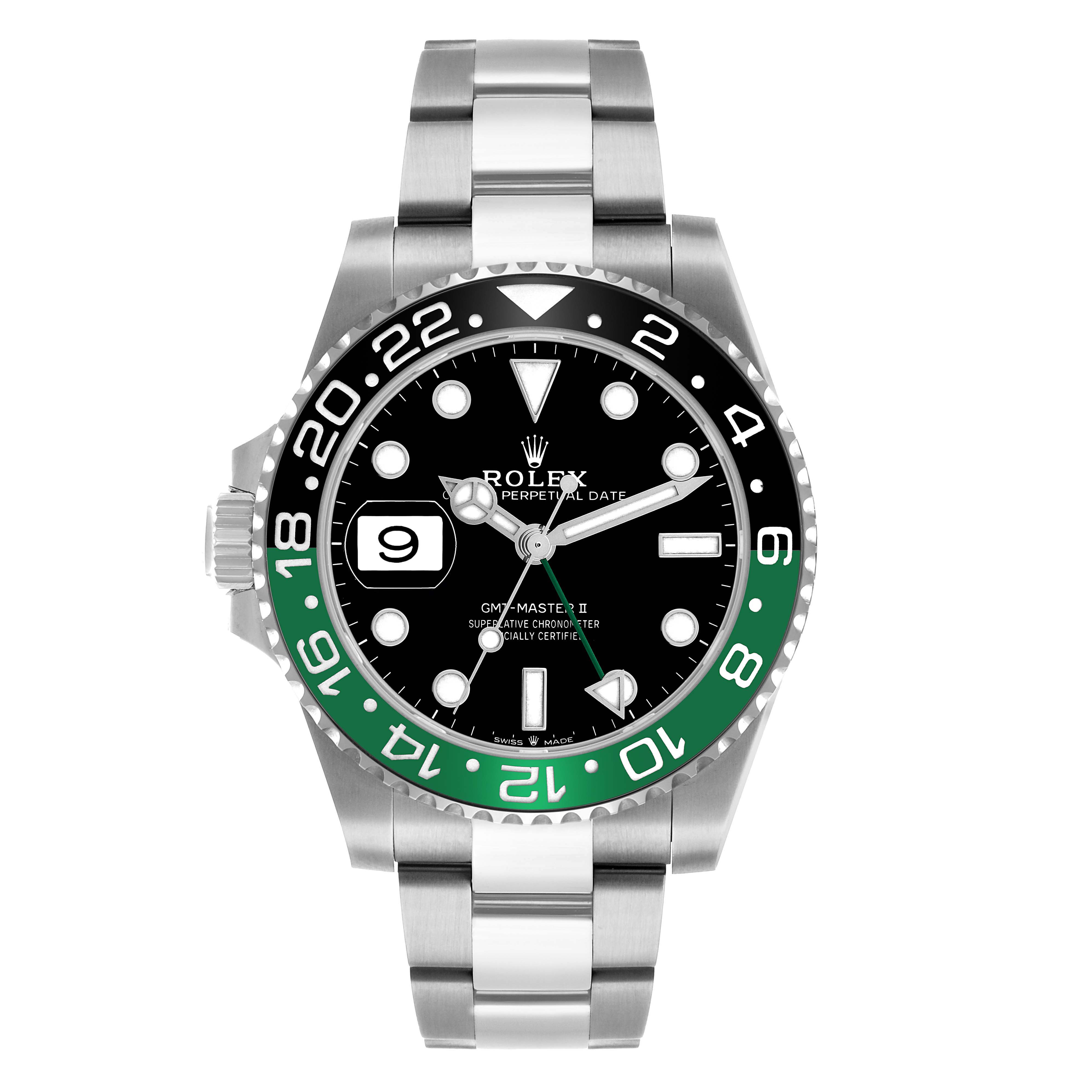 The Rolex GMT-Master 126720VTNR Men's Stainless Steel Black Dial watch is shown from the front, highlighting the bezel, dial, and bracelet.