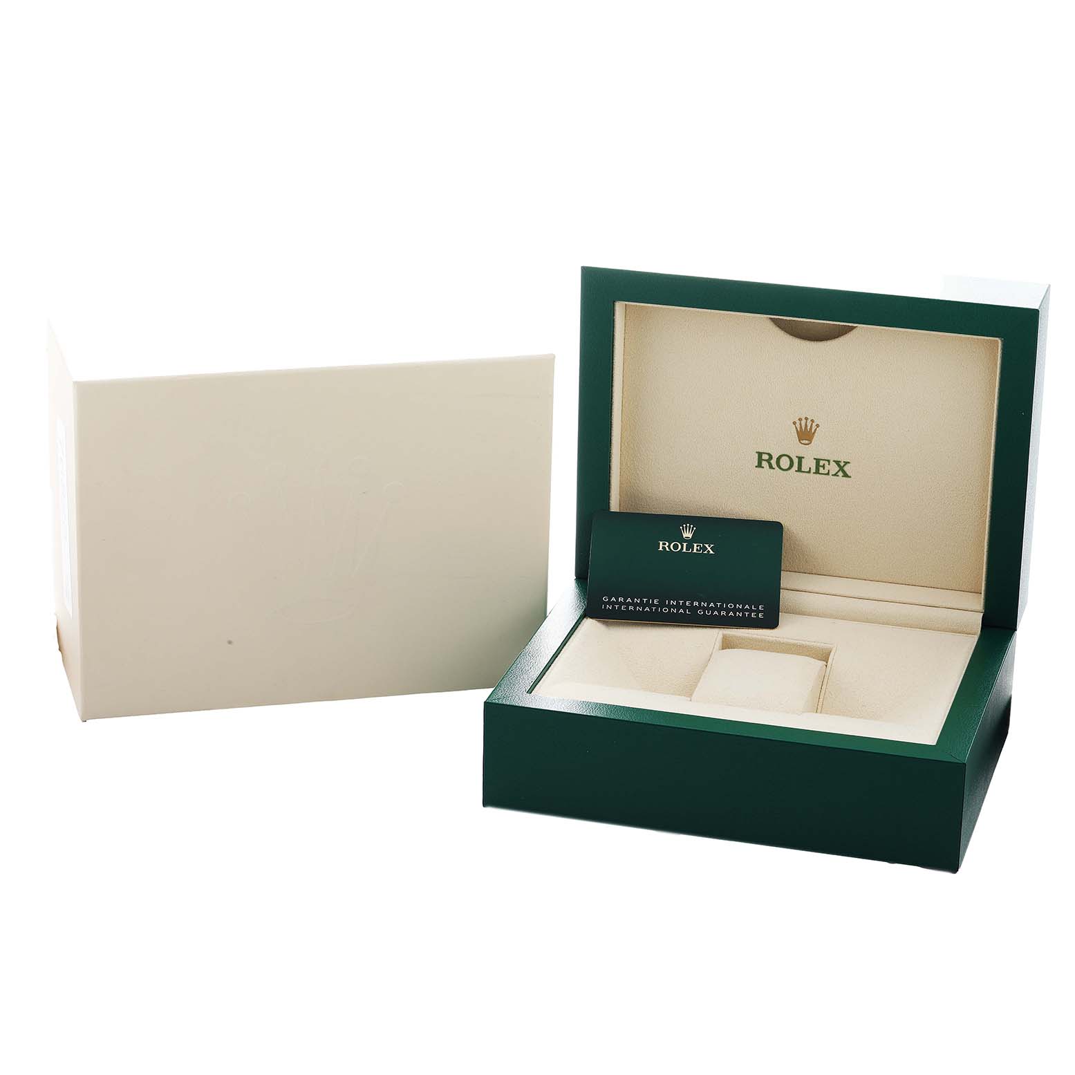 The image shows a Rolex GMT-Master 126720VTNR Men's Stainless Steel Black Dial watch box and guarantee card from a front angle.