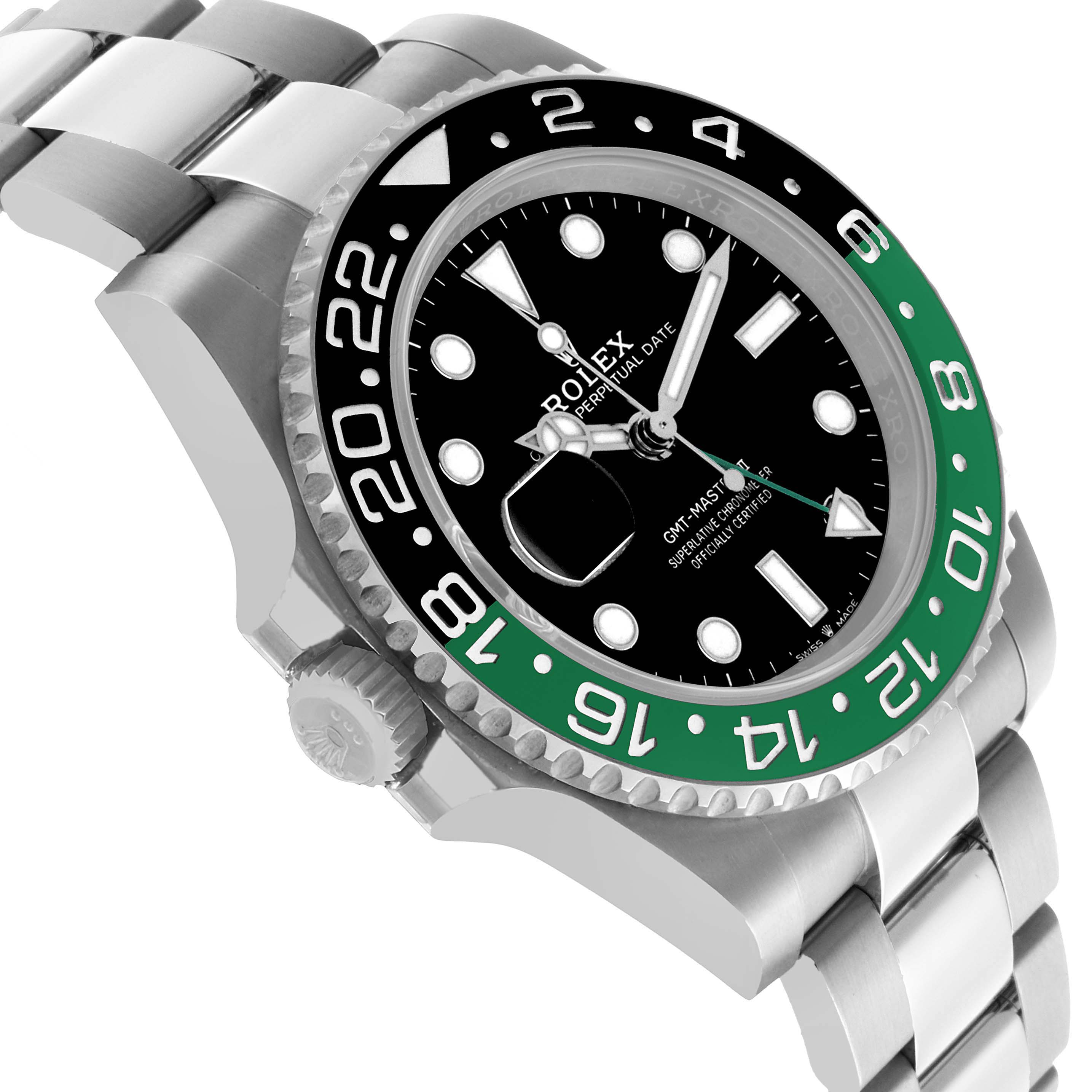 The Rolex GMT-Master 126720VTNR Men's Stainless Steel Black Dial is shown in a three-quarter view, highlighting the bezel, dial, crown, and part of the bracelet.