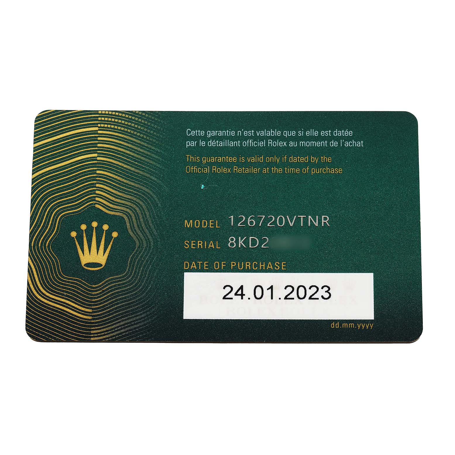 The image shows a warranty card for the Rolex GMT-Master 126720VTNR Men's Stainless Steel Black Dial model, detailing the model and serial number.