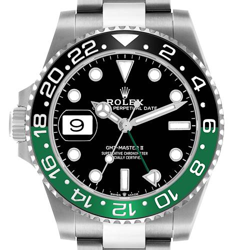 The image shows a front view of the Rolex GMT-Master 126720VTNR Men's Stainless Steel Black Dial II, highlighting the bezel, dial, hands, and date window.