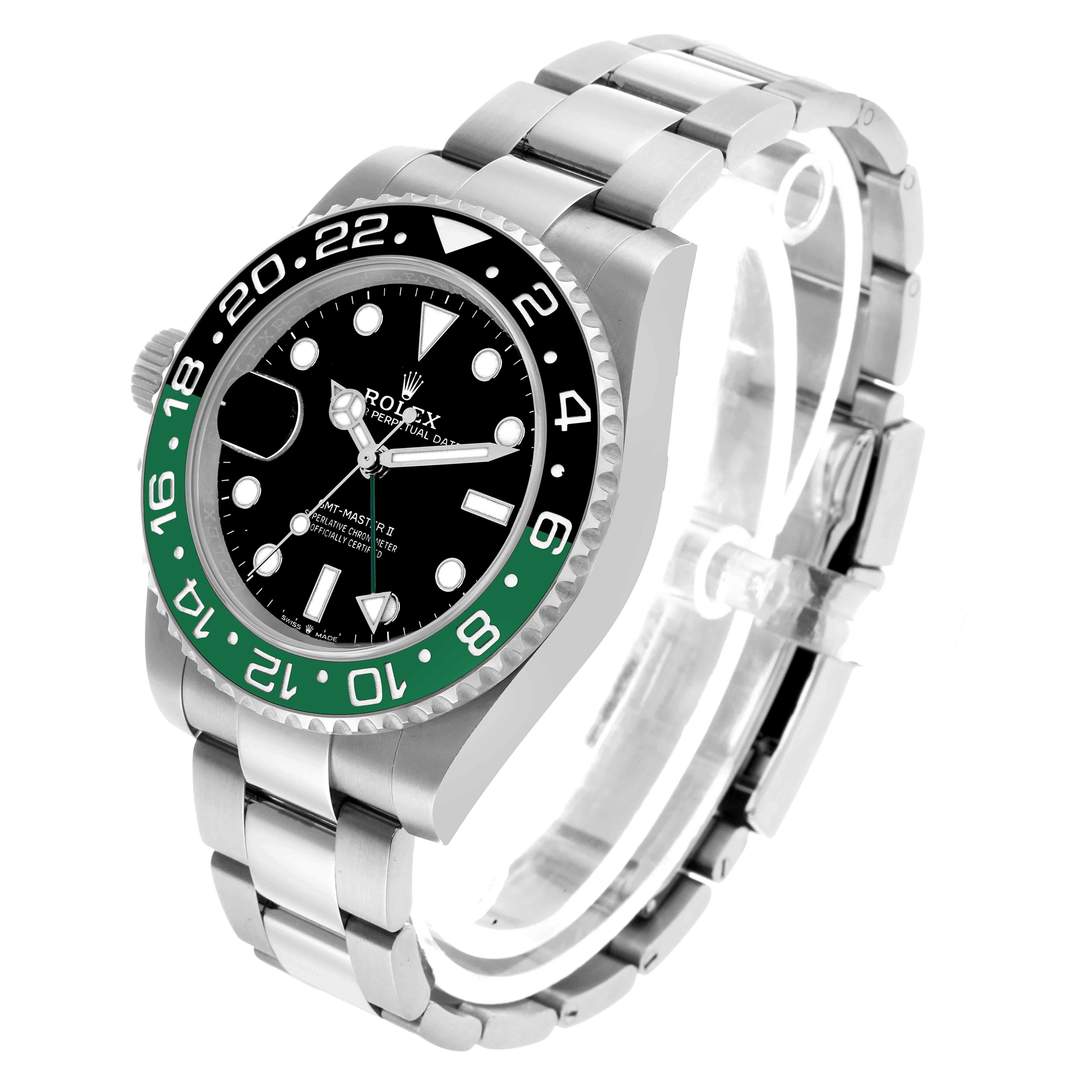 This Rolex GMT-Master 126720VTNR Men's Stainless Steel Black Dial watch is shown at a three-quarter angle, highlighting the bezel, face, and bracelet.