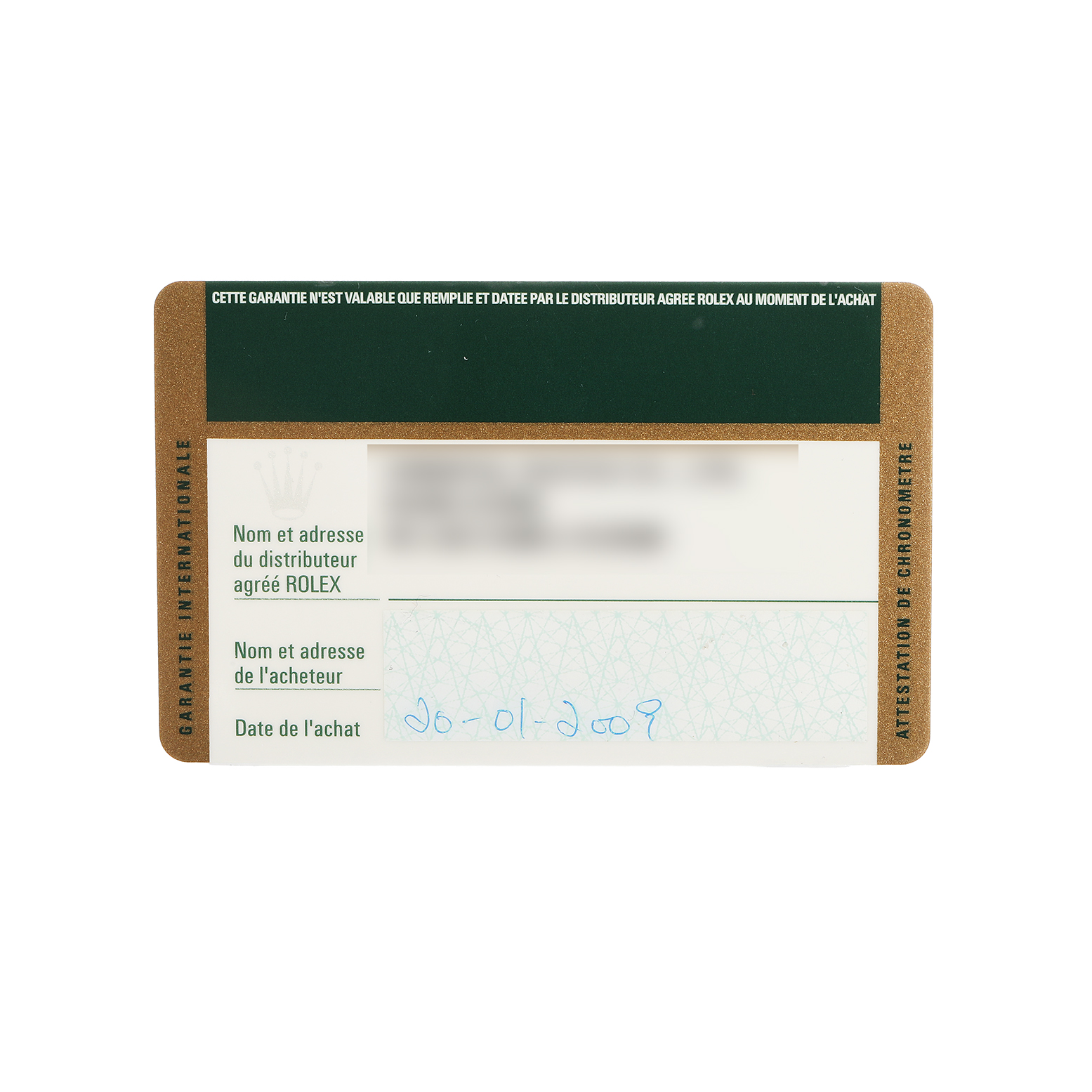 The image shows a certificate or warranty card for the Rolex Milgauss 116400GV Men's Stainless Steel Black Dial watch, viewed from above.