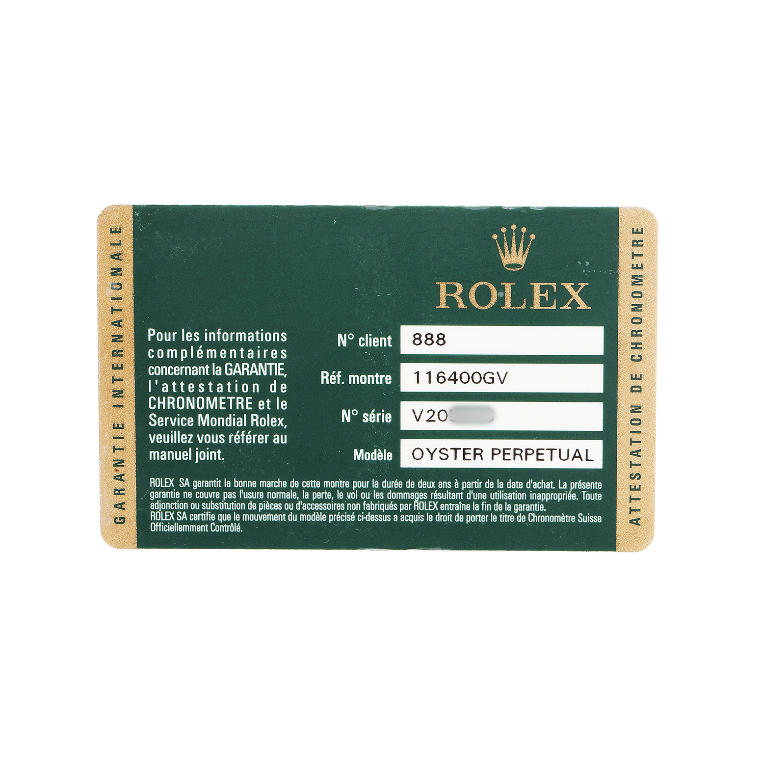 The image shows a warranty card for the Rolex Milgauss 116400GV Men's Stainless Steel Black Dial model, detailing reference and serial numbers.