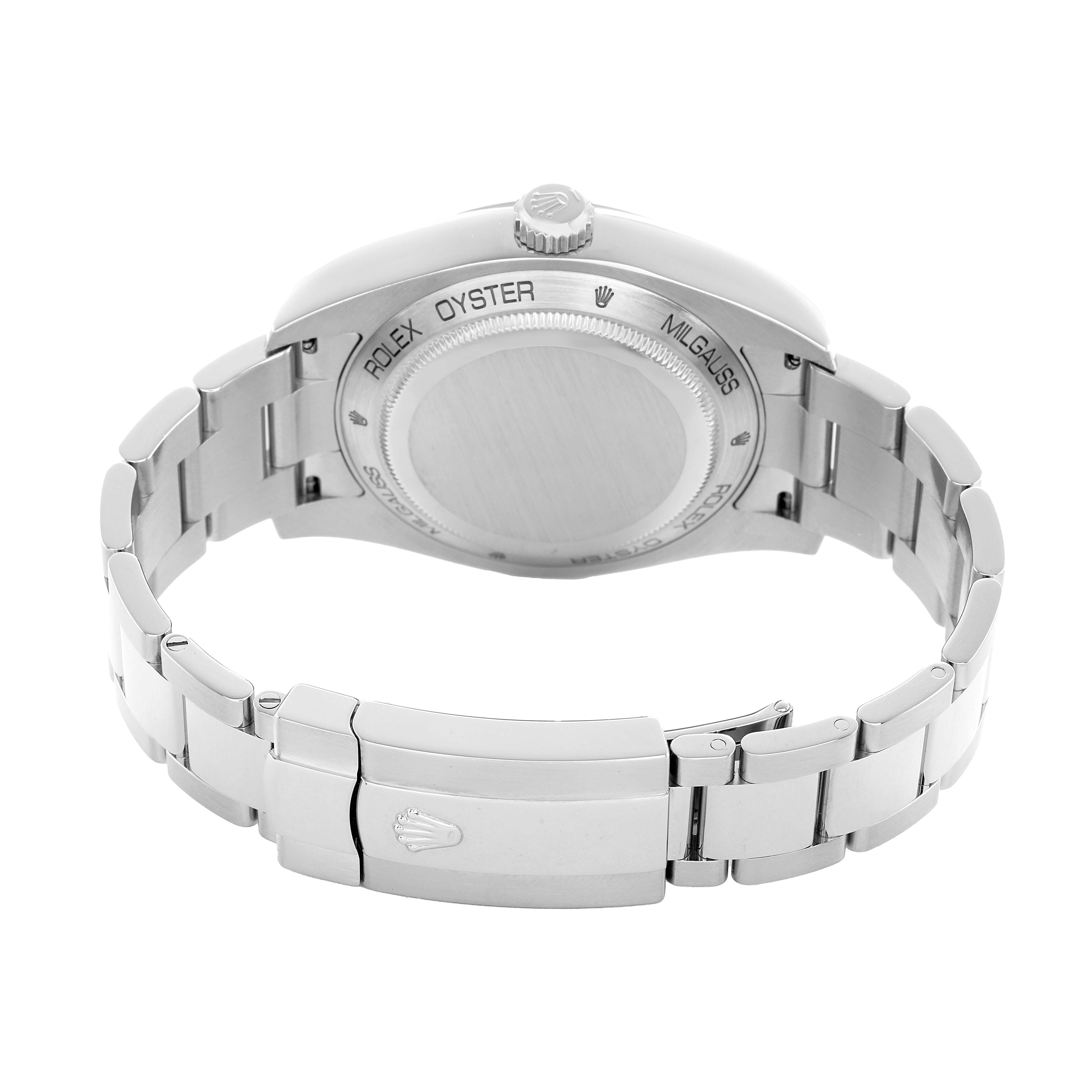 The image shows the back of the Rolex Milgauss 116400GV Men's Stainless Steel Black Dial watch, highlighting the caseback, bracelet, and clasp.