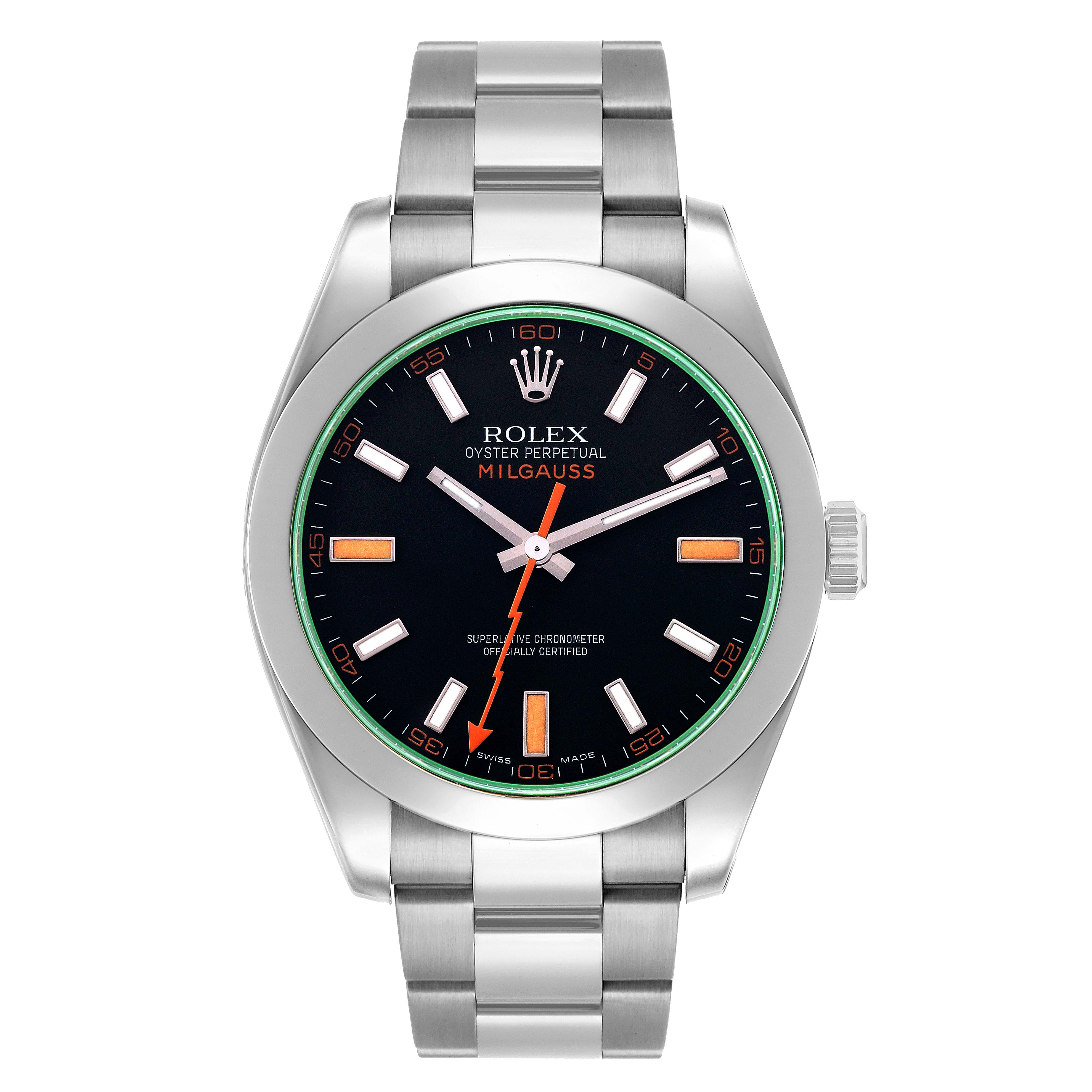 The Rolex Milgauss 116400GV Men's Stainless Steel Black Dial watch is shown from a frontal angle, displaying its dial, bezel, and bracelet.