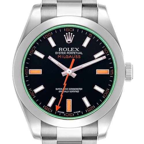 Photo of Rolex Milgauss Steel Green Crystal Black Dial Mens Watch 116400GV Card