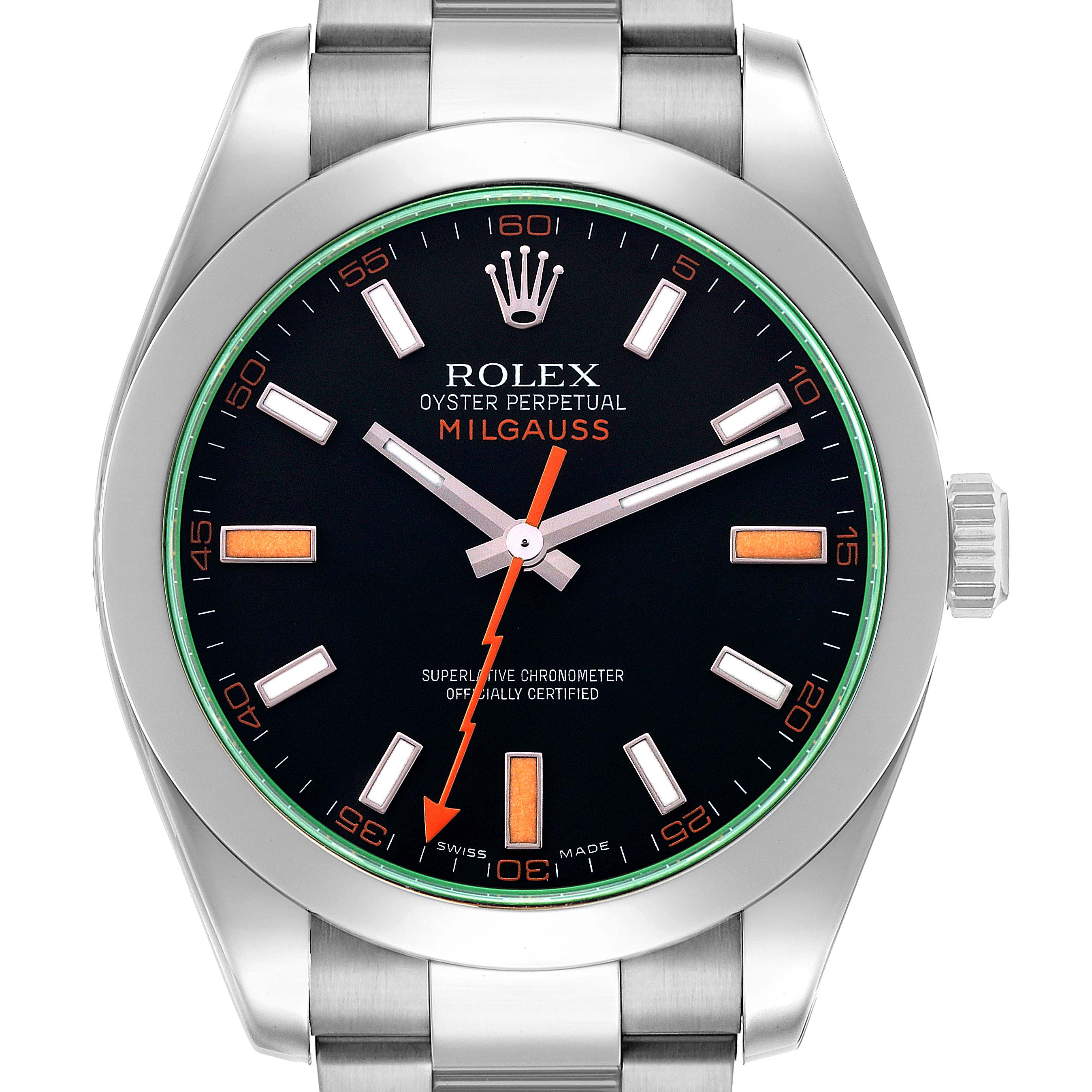 The Rolex Milgauss 116400GV Men's Stainless Steel Black Dial watch is shown from the front, displaying the dial, hands, bezel, crown, and part of the bracelet.