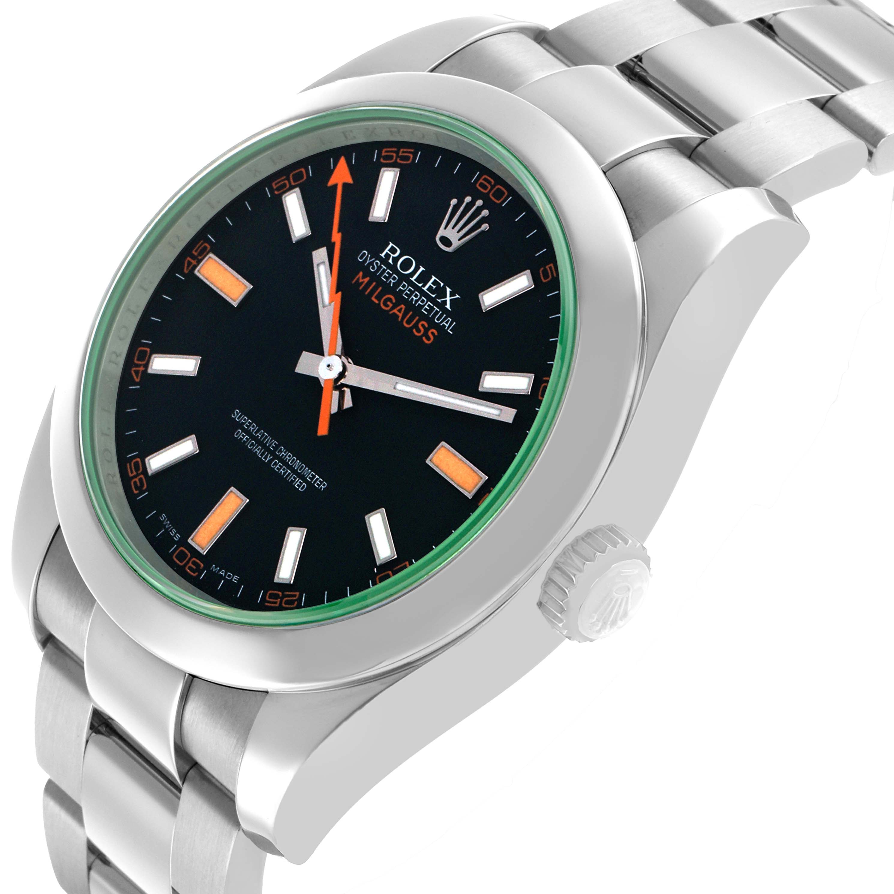 The Rolex Milgauss 116400GV Men's Stainless Steel Black Dial watch is shown at a slight angle, highlighting its dial, bezel, crown, and bracelet.
