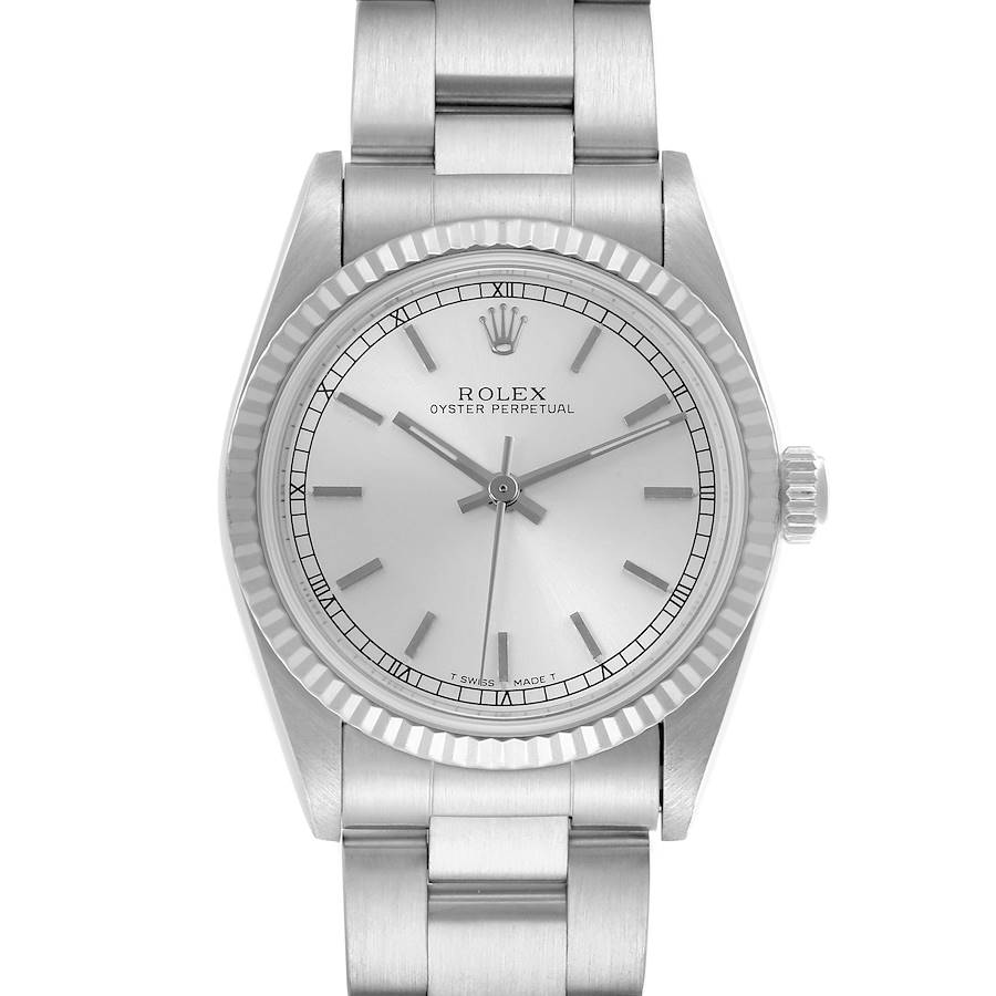 The Rolex Mid-Size Oyster Perpetual watch is shown from the front, displaying the entire face, bezel, and part of the bracelet.