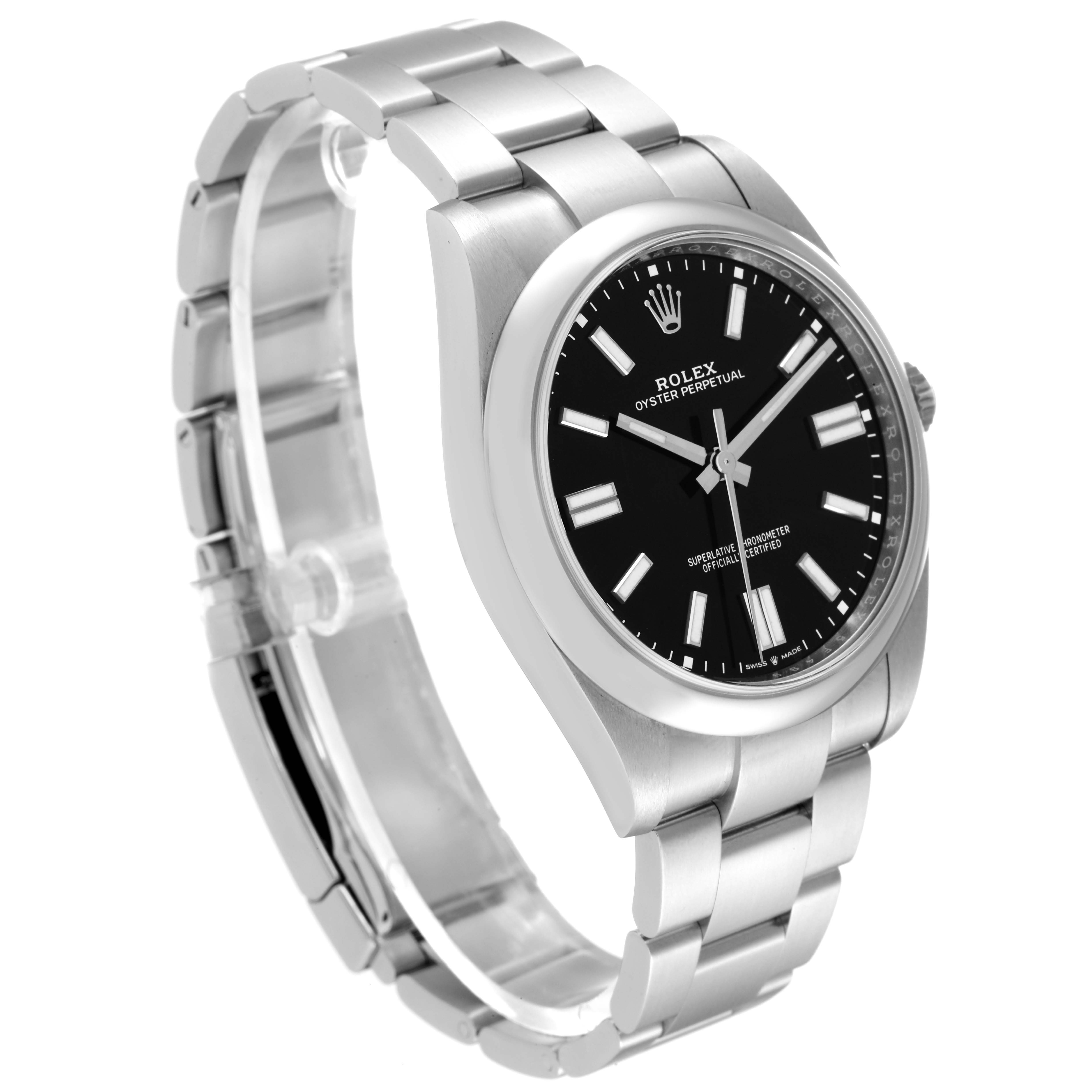 The Rolex Oyster Perpetual 124300 Men
s Stainless Steel Black Dial 124300 Men
s Stainless Steel Black Dial watch is shown at a three-quarter angle, displaying its black dial, stainless steel bracelet, and bezel.