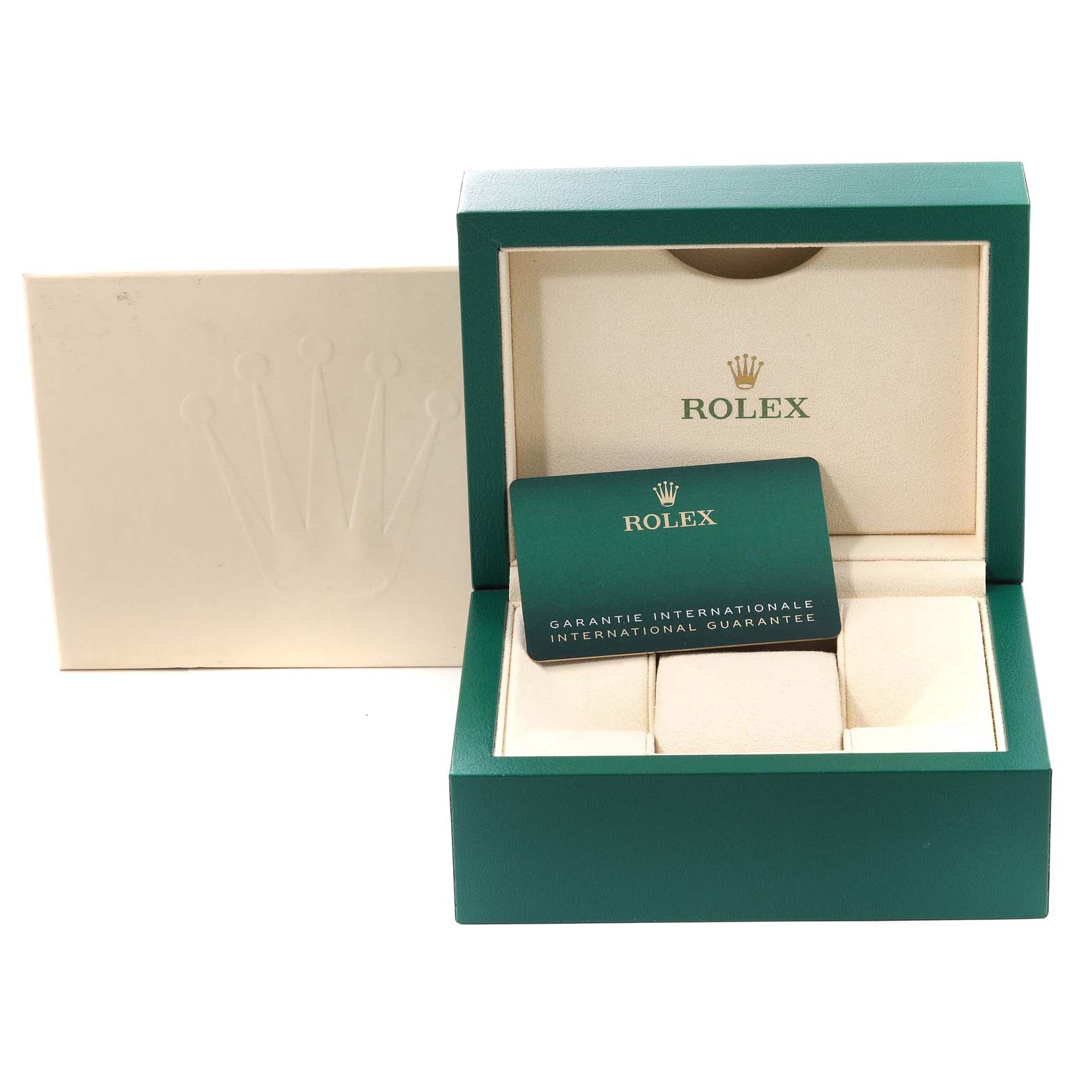 The image shows the open box for a Rolex Oyster Perpetual 124300 Men
s Stainless Steel Black Dial 124300 Men
s Stainless Steel Black Dial watch, including the international guarantee card.
