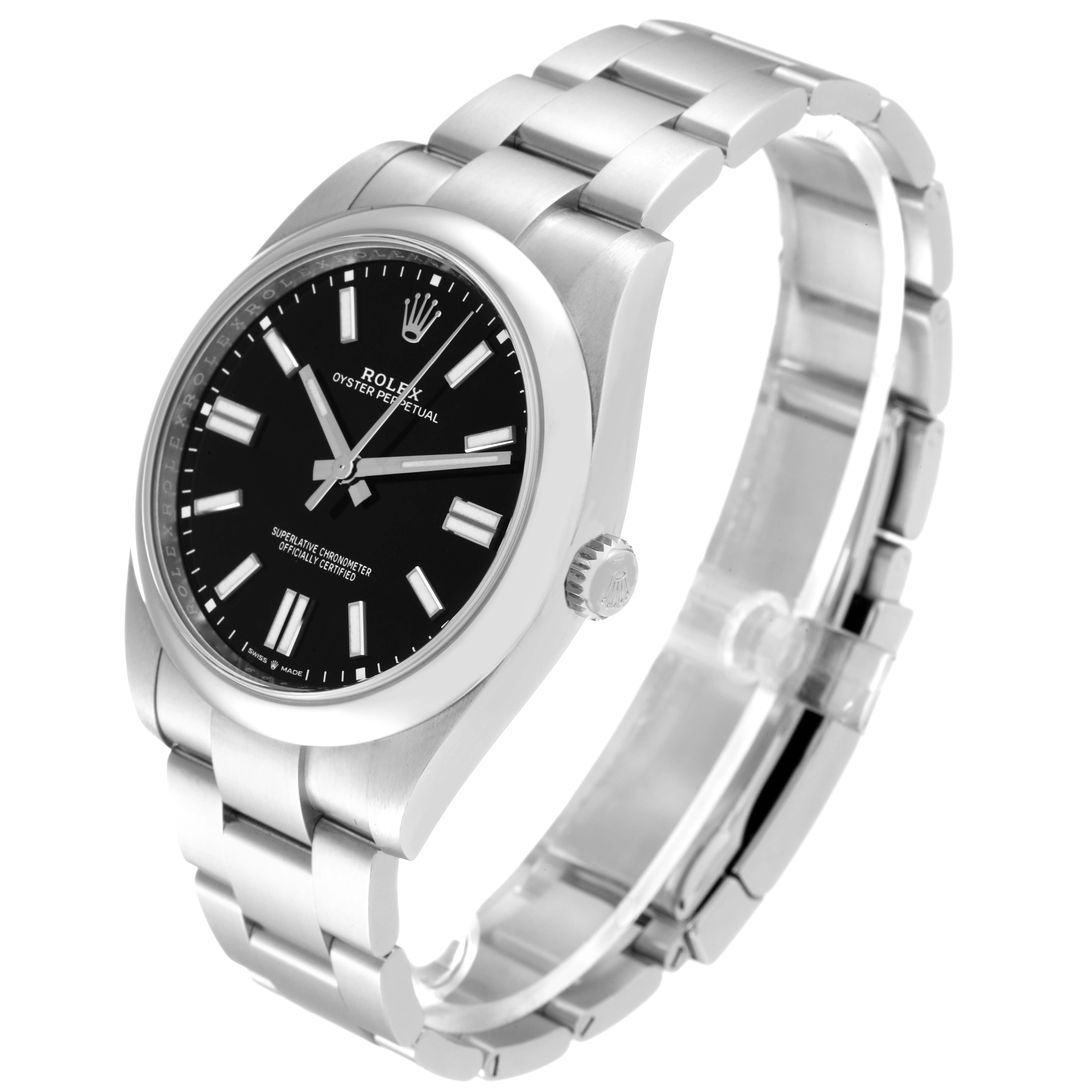 The Rolex Oyster Perpetual 124300 Men
s Stainless Steel Black Dial 124300 Men
s Stainless Steel Black Dial watch is shown at a slight angle, displaying its bracelet, case, dial, and crown.