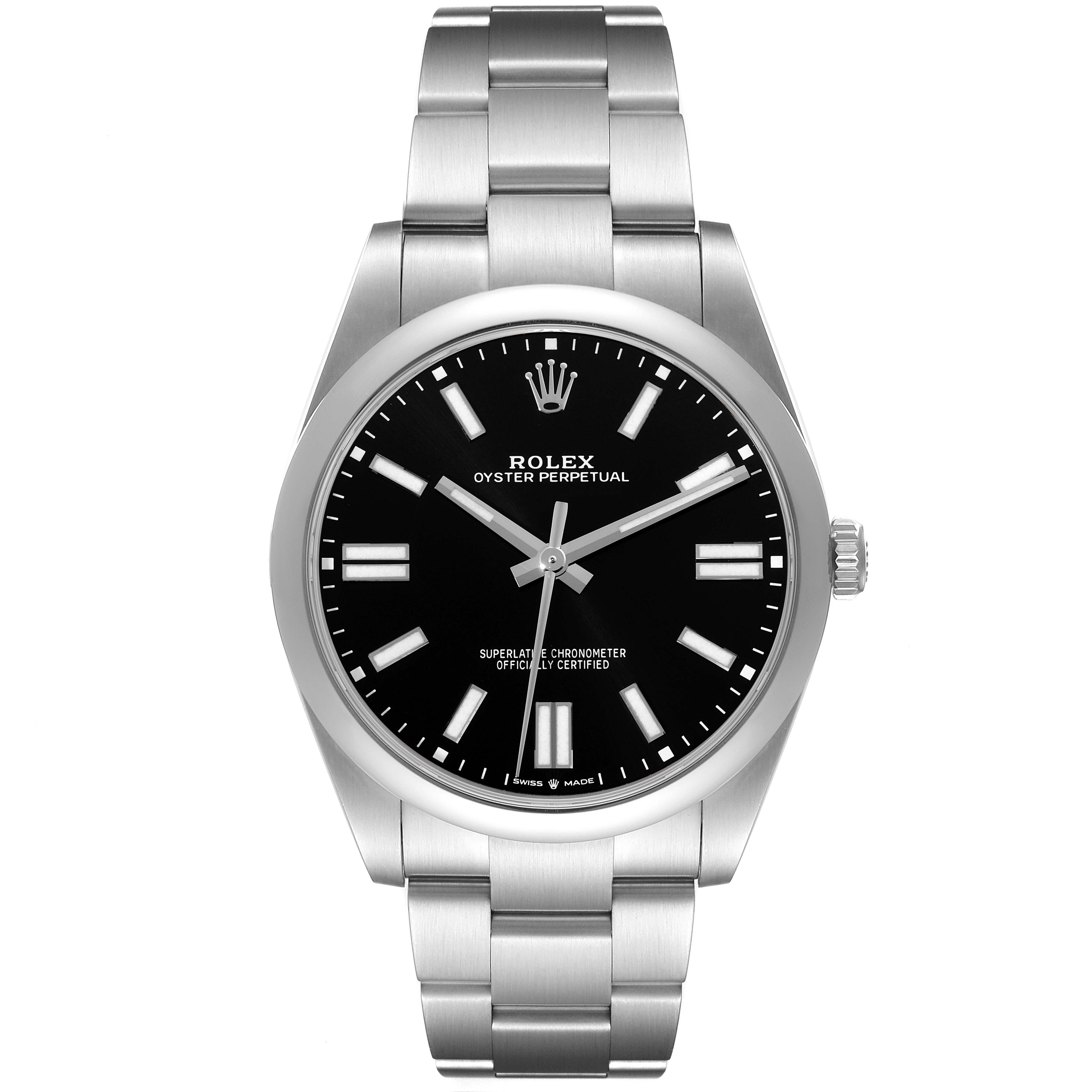 This image shows a front view of a Rolex Oyster Perpetual 124300 Men
s Stainless Steel Black Dial 124300 Men
s Stainless Steel Black Dial watch, highlighting its black dial and stainless steel bracelet.
