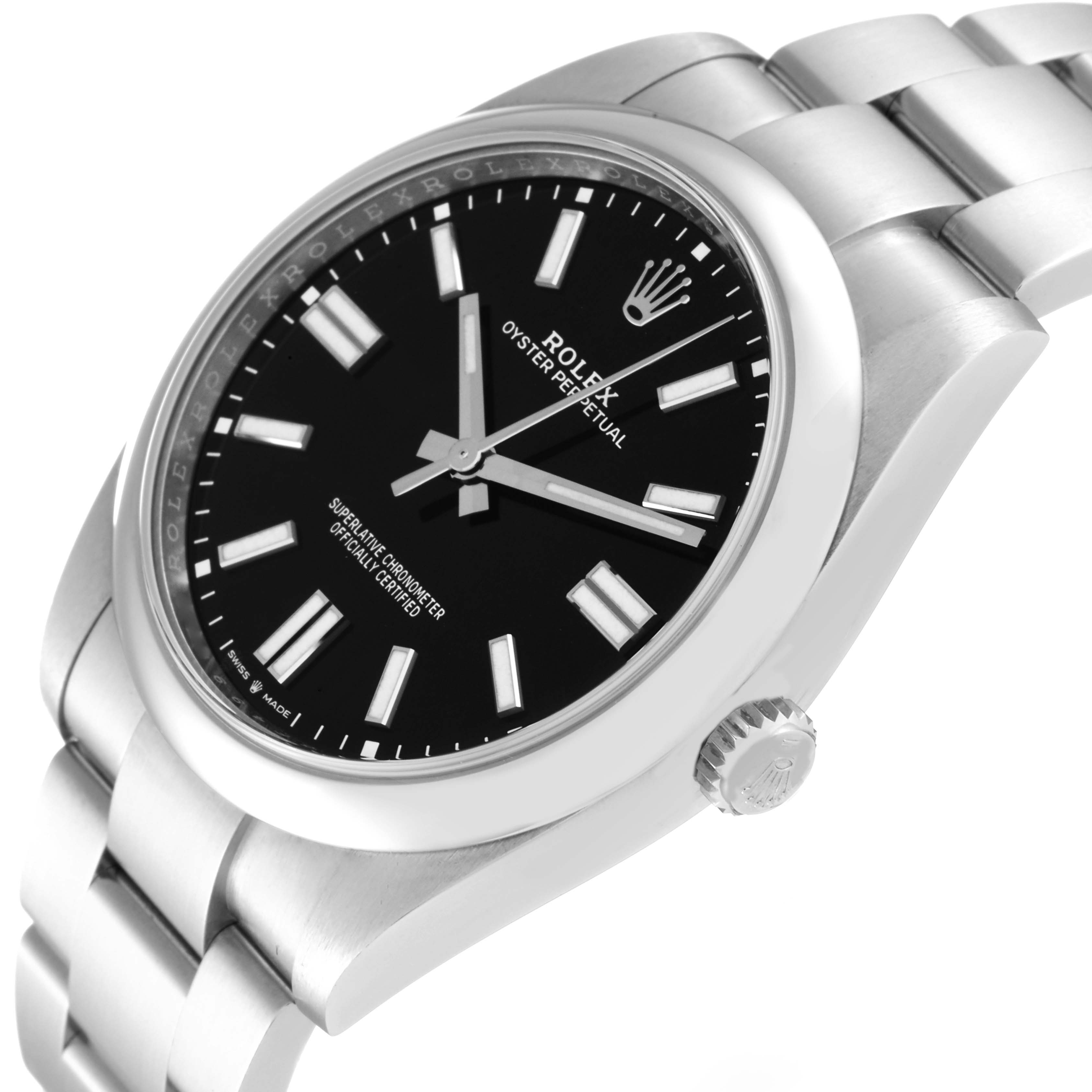 The Rolex Oyster Perpetual 124300 Men
s Stainless Steel Black Dial 124300 Men
s Stainless Steel Black Dial watch is shown at an angle highlighting the black dial, case, bracelet, and crown.