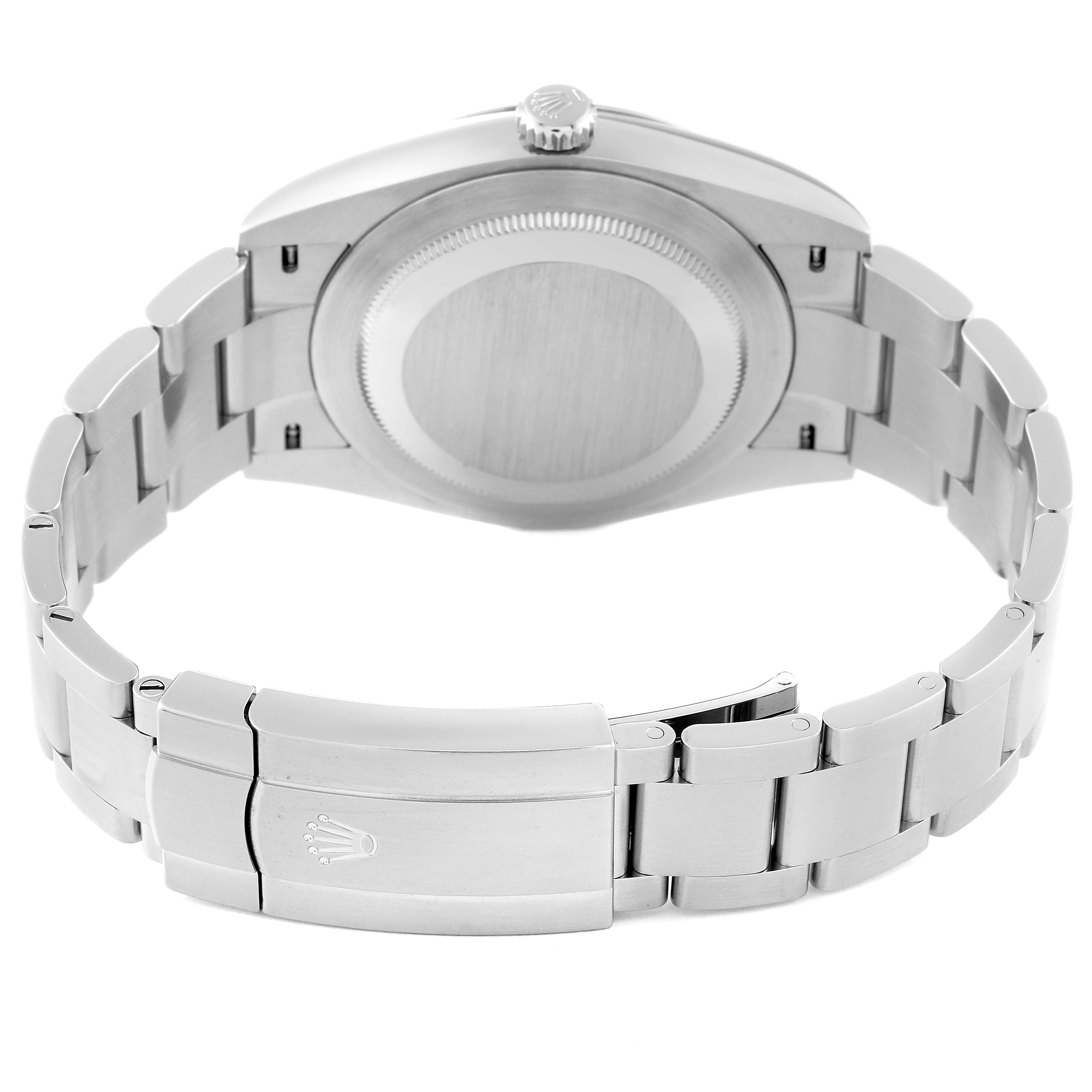 This image shows the backside and clasp of a Rolex Oyster Perpetual 124300 Men
s Stainless Steel Black Dial 124300 Men
s Stainless Steel Black Dial watch.